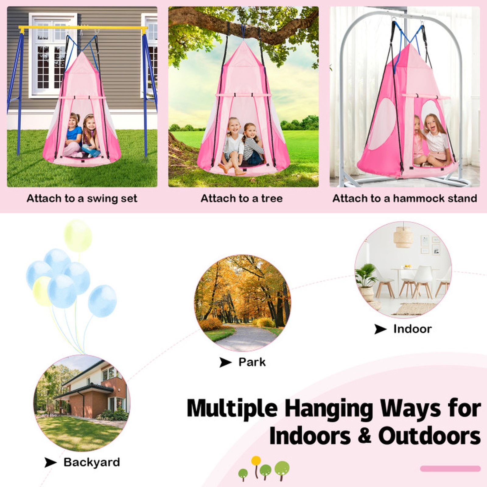 SUGIFT 2-in-1 40-in Kids Hanging Chair Swing Tent Set 330-lb Capacity Outdoor Play Set Pink Shown in the Picture