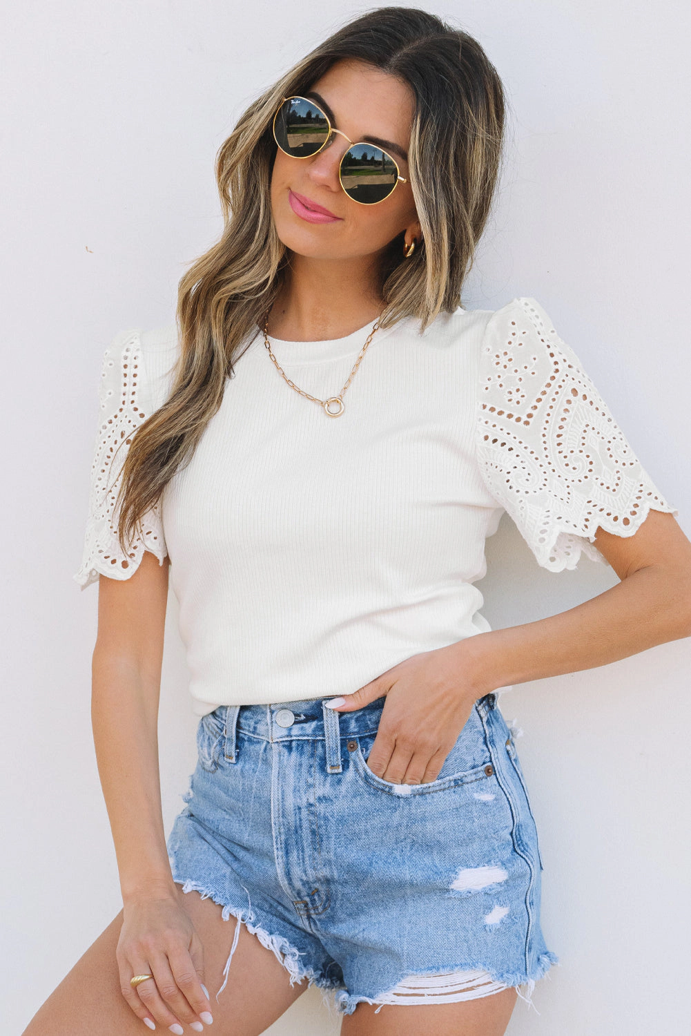 Threaded Pear Women's Kora Eyelet Pattern Short Sleeve Top