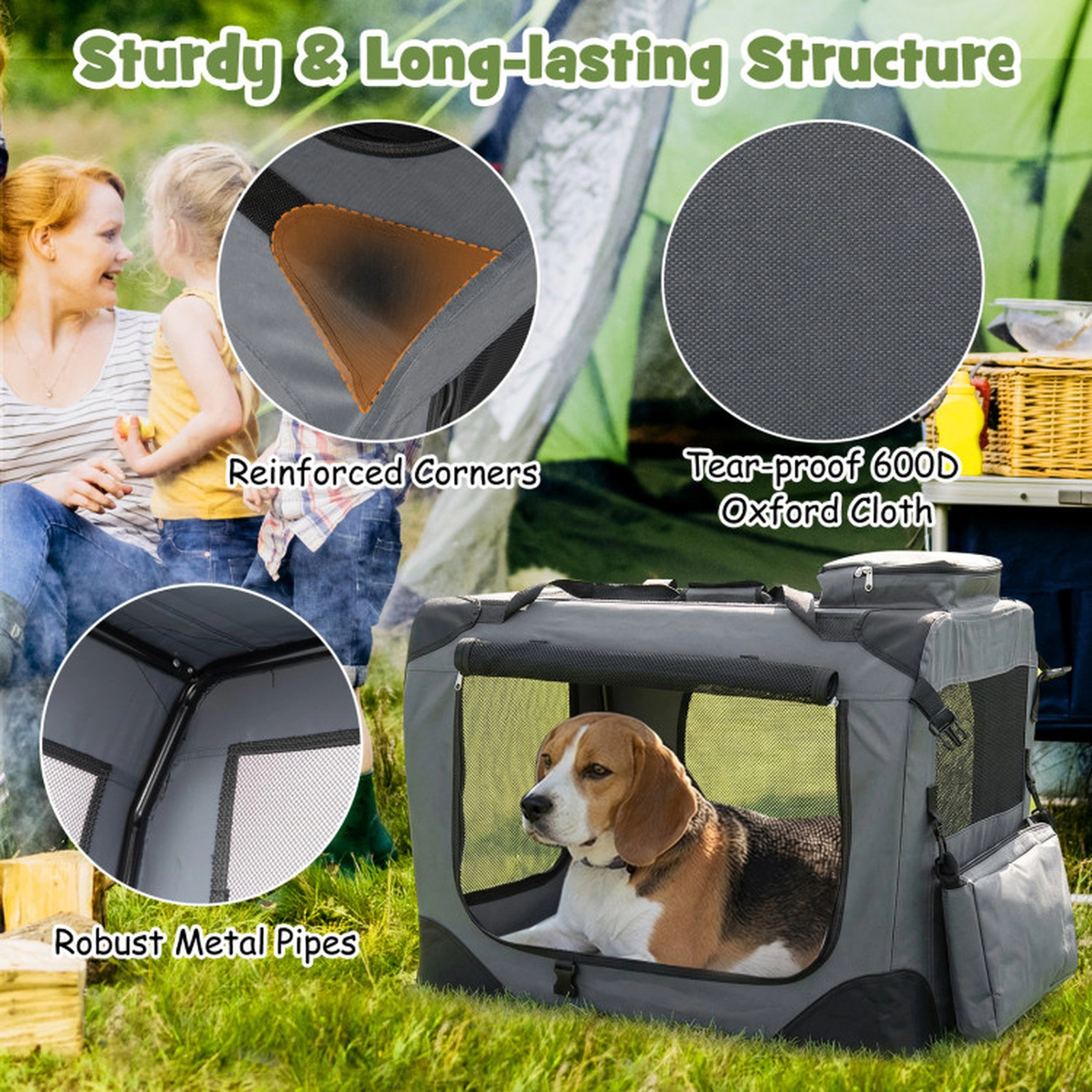 SUGIFT Gray 28-in Collapsible Soft Dog Travel Crate with 3 Roll-Up Doors Mesh Windows and Fleece Bed