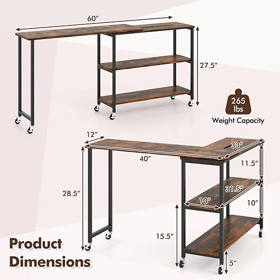 SUGIFT Rustic Brown Rotating Sofa Console Table, 40 to 60 in, with Shelves and Casters