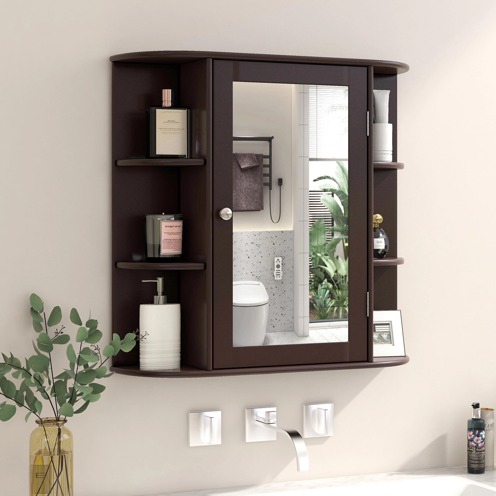 SUGIFT Wall-Mounted Bathroom Mirror Cabinet with Storage Shelves 44-lb Top Capacity 11-lb Shelves MDF 26-in Wide Brown