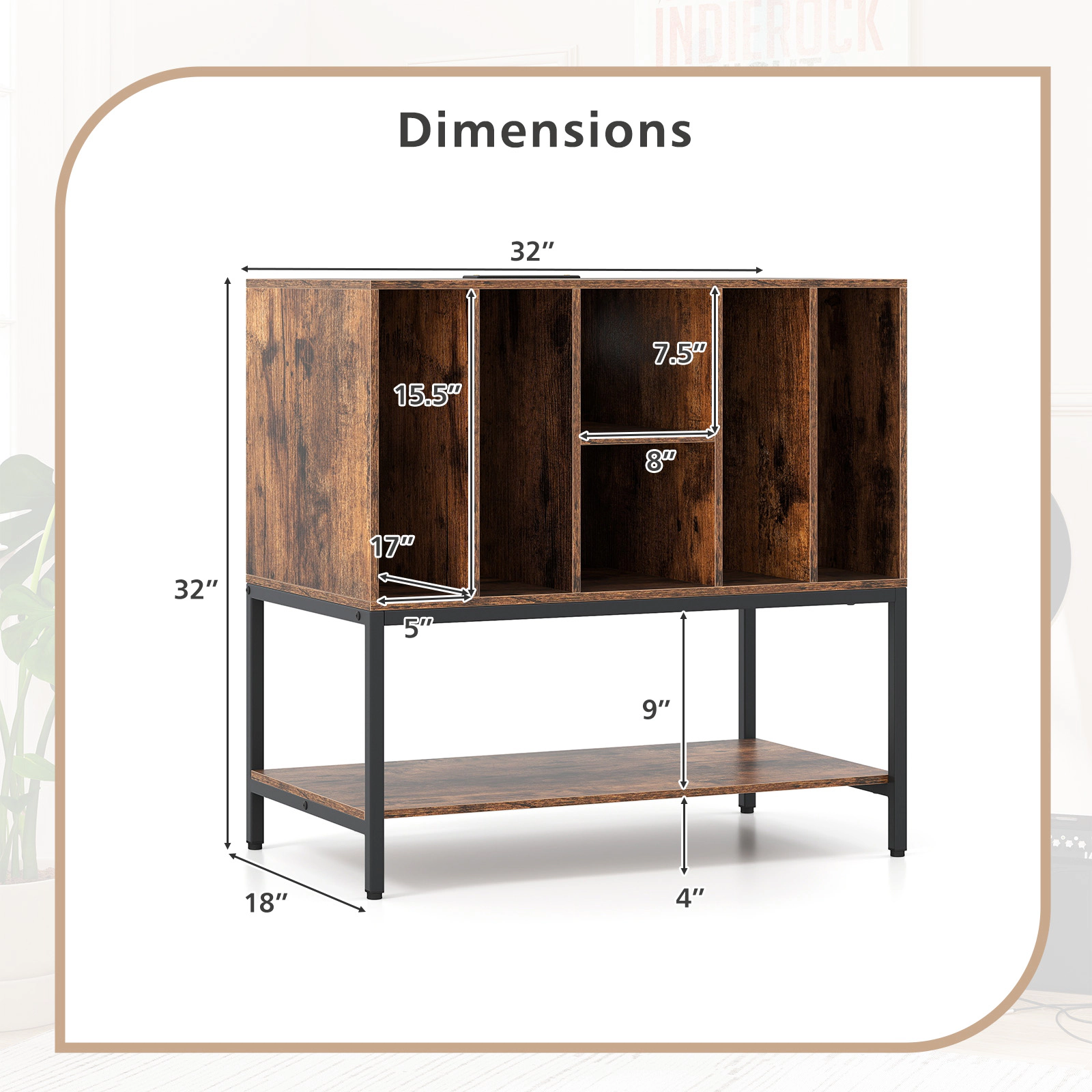 SUGIFT Record Player Stand with Charging Station and Metal Frame Accent Table 275-lb Capacity Rustic Brown & Black/White