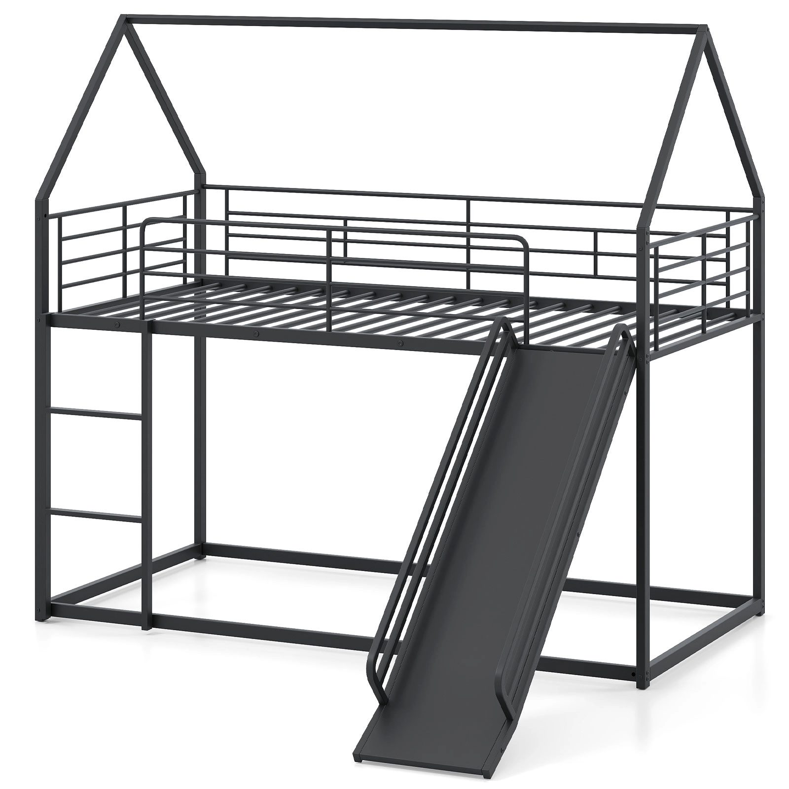 SUGIFT House-Shaped Metal Twin Over Twin Low Bunk Bed with Slide 250-lb Upper Bunk Capacity Black/White
