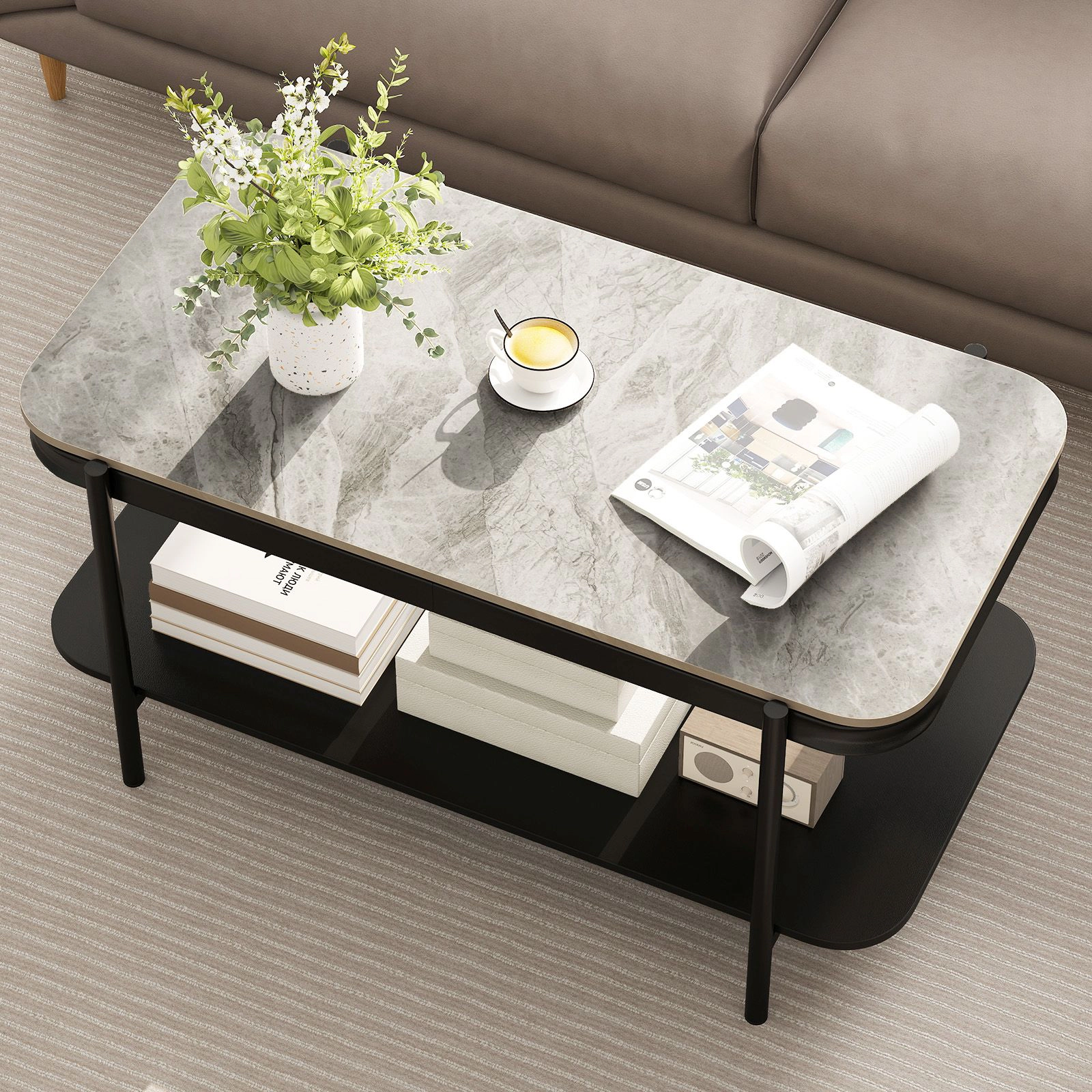 SlickBlue Rectangular Coffee Table with Marble Style Stone Surface