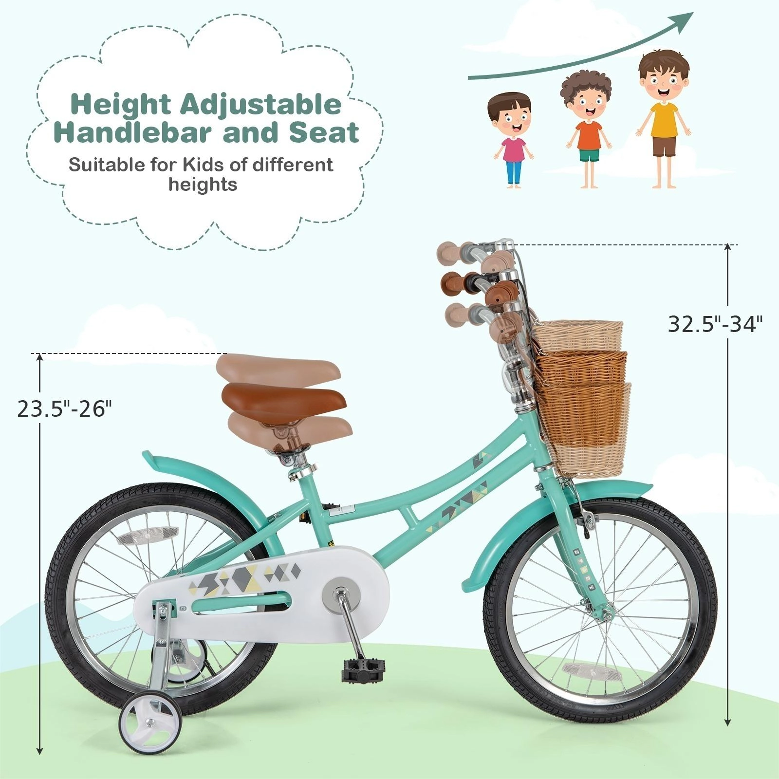 SUGIFT Green Training Wheels Storage Basket Kickstand and 2 Brake System Kids 18 Inch Bike