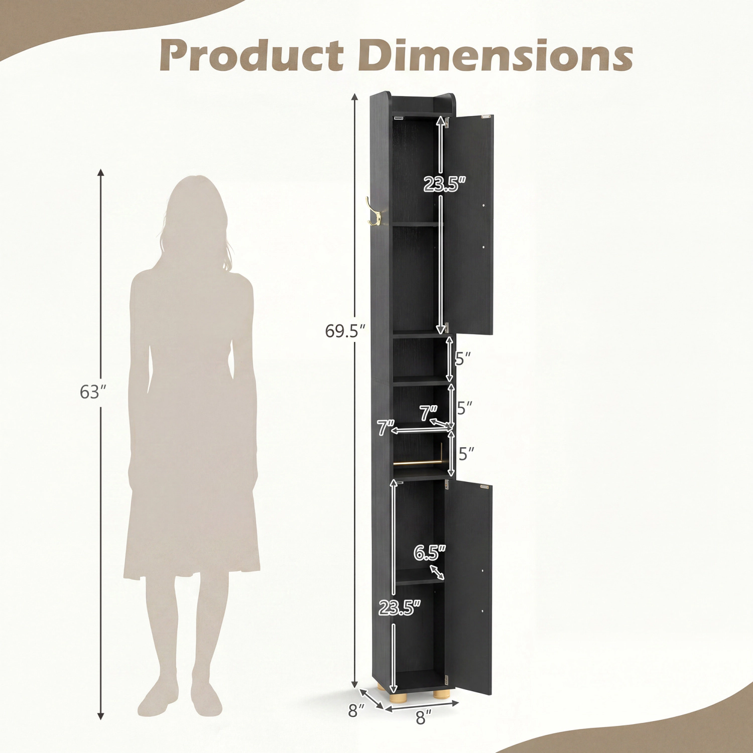 SlickBlue Slim Bathroom Storage Cabinet with Shelves, Hooks & Doors