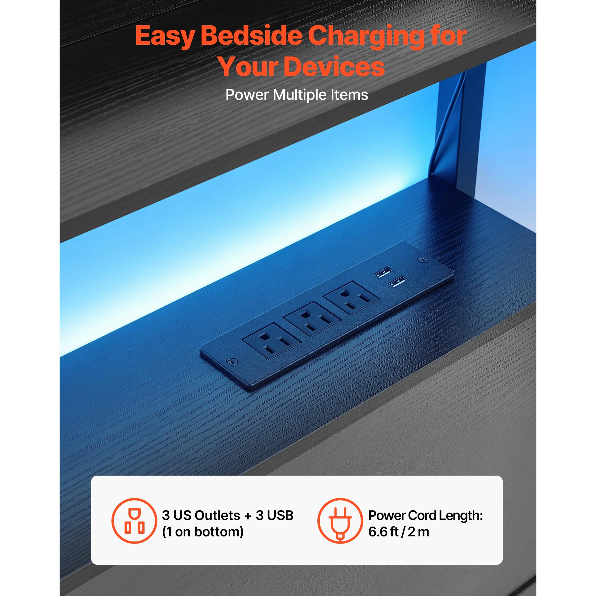 HONGGE Headboard for Bed with 2 Storage Shelves LED Light 3 Outlets and 3 USB Ports Sturdy and Stable Carbon Steel