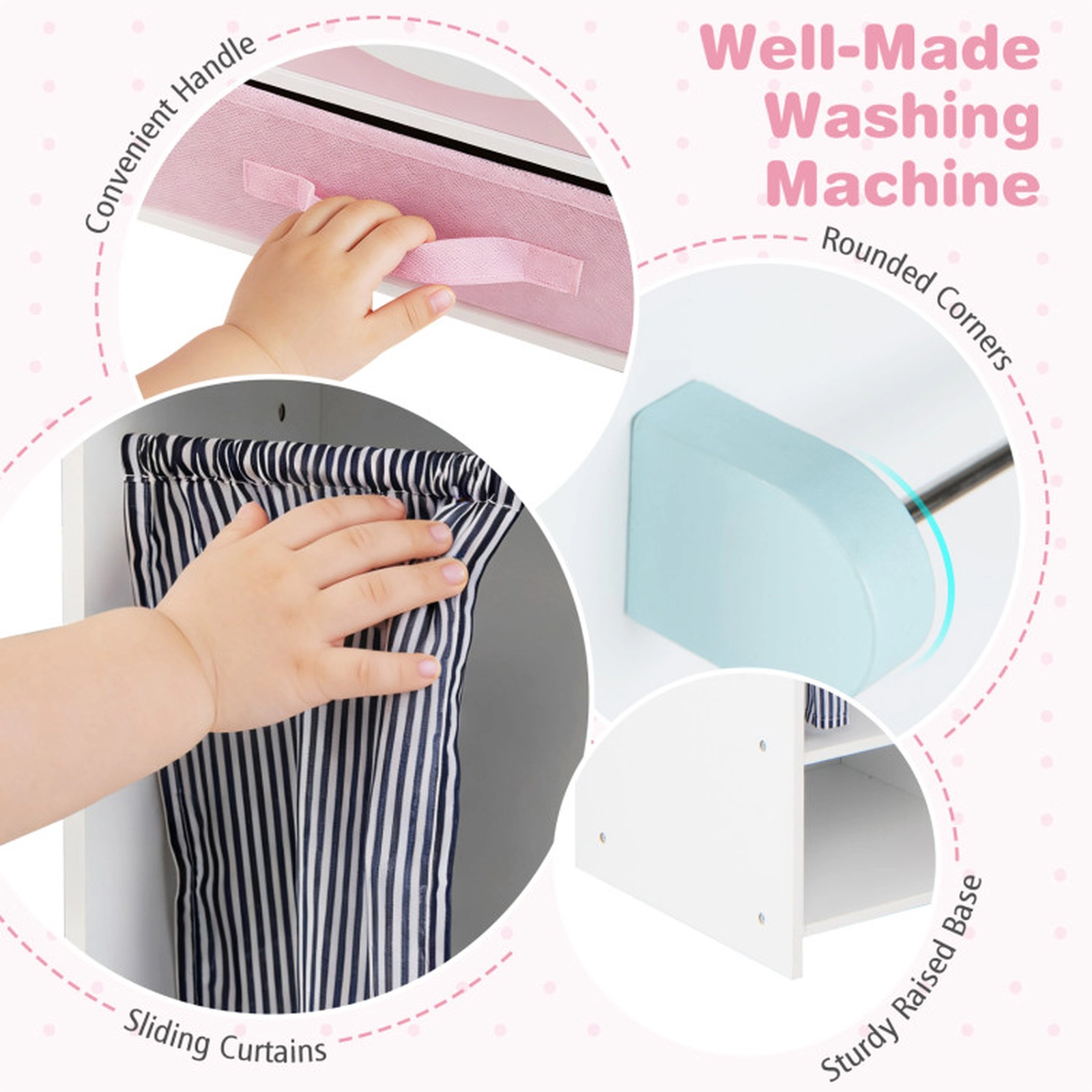 SUGIFT Wooden Kids Laundry Playset with Ironing Board Washer Dryer Sink Ages 3+ Pink