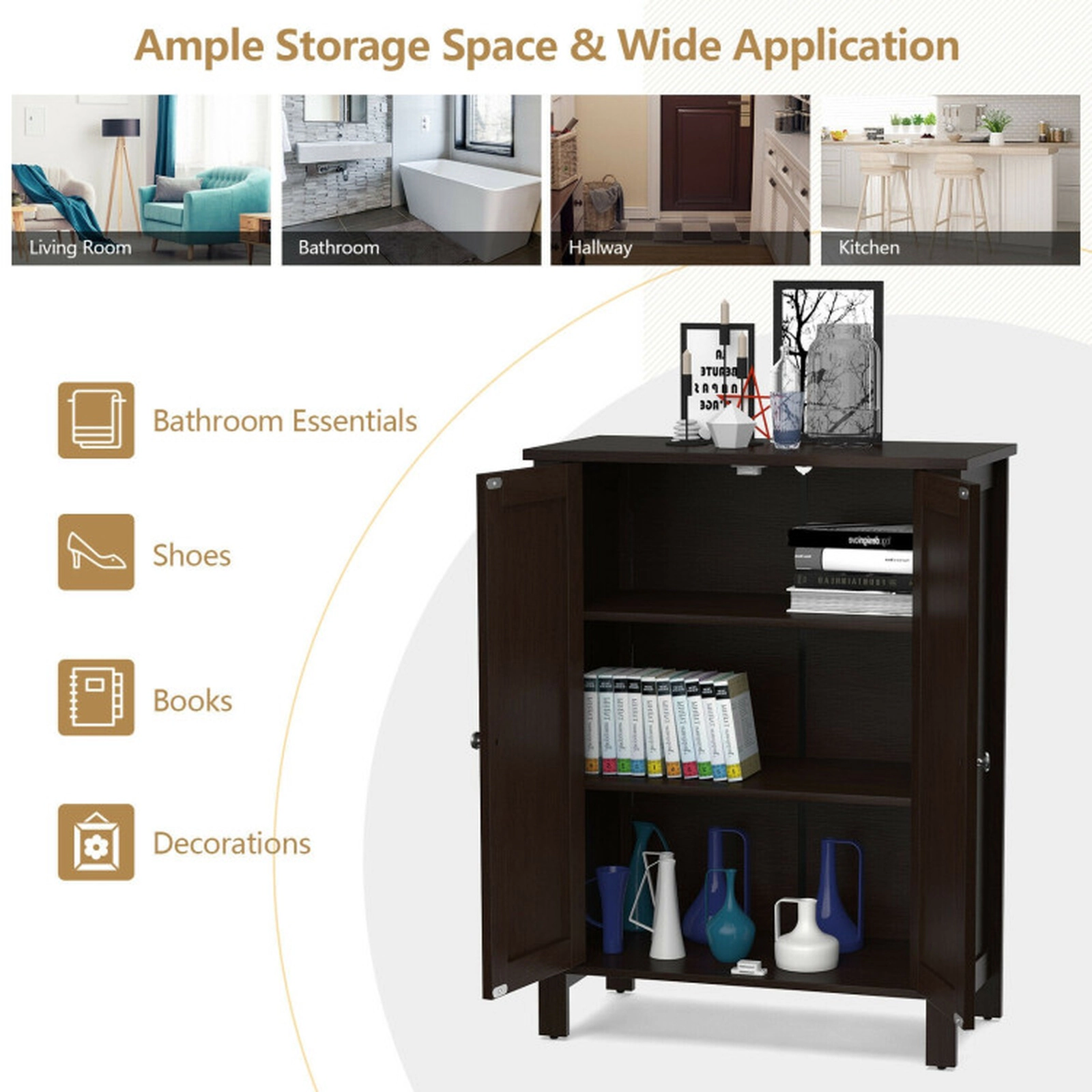 SUGIFT Brown 2-Door 66-lb Capacity Bathroom Floor Storage Cabinet with 2-Tier Shelves and 6 Adjustable Positions