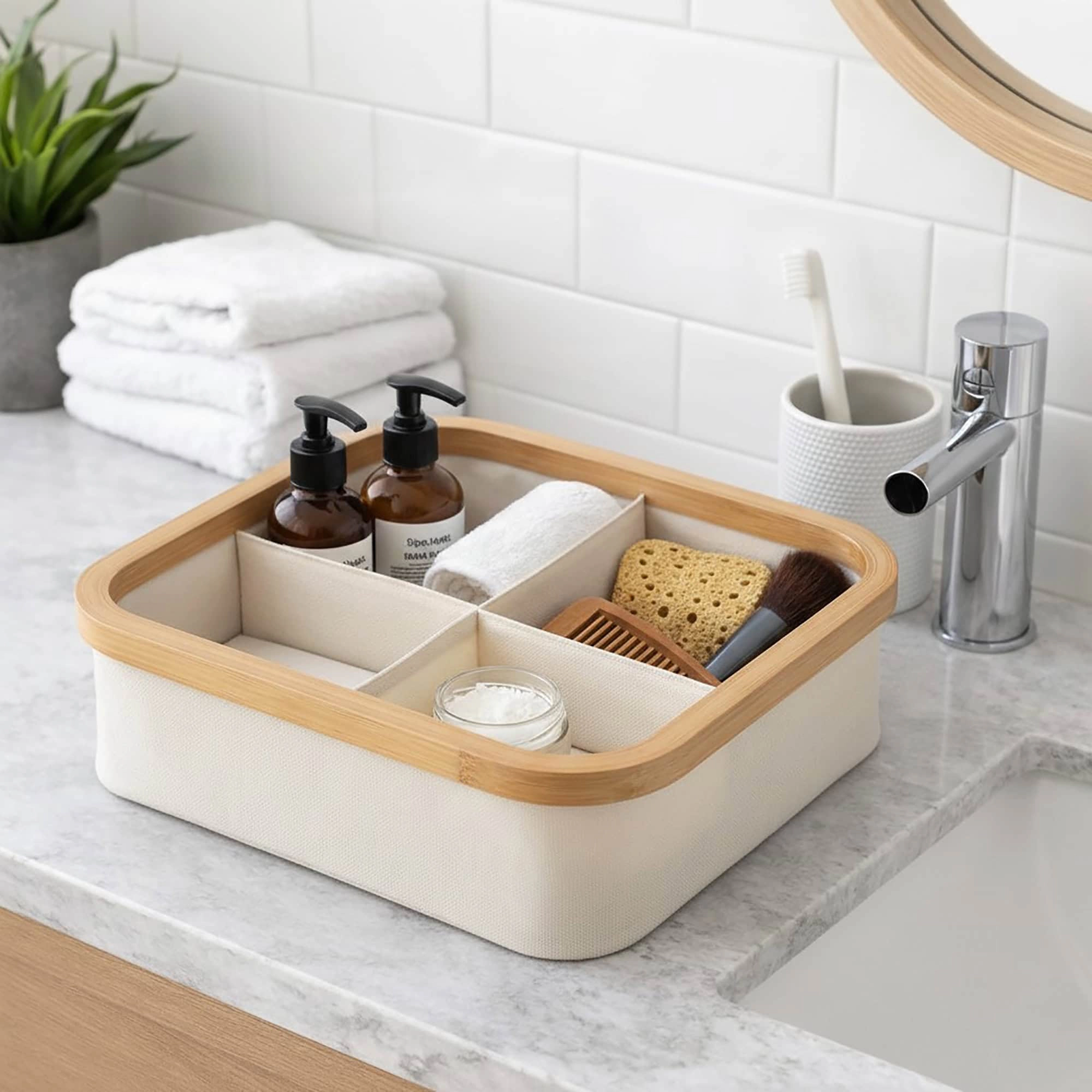 Evideco French Home Goods Collapsible Square Organizer 12 x 12 x 4 in - Bamboo Frame, 4 Compartments