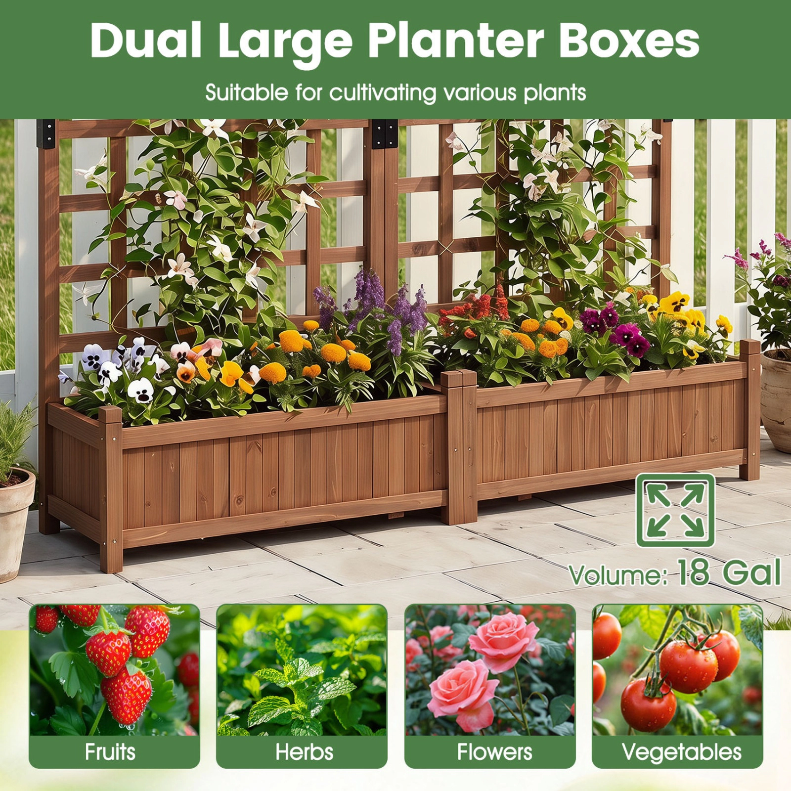 SUGIFT Rustic Brown Dual Raised Garden Bed with Diamond Lattice Trellis 57-in W 13-in D 59-in H 88-lb Box Capacity