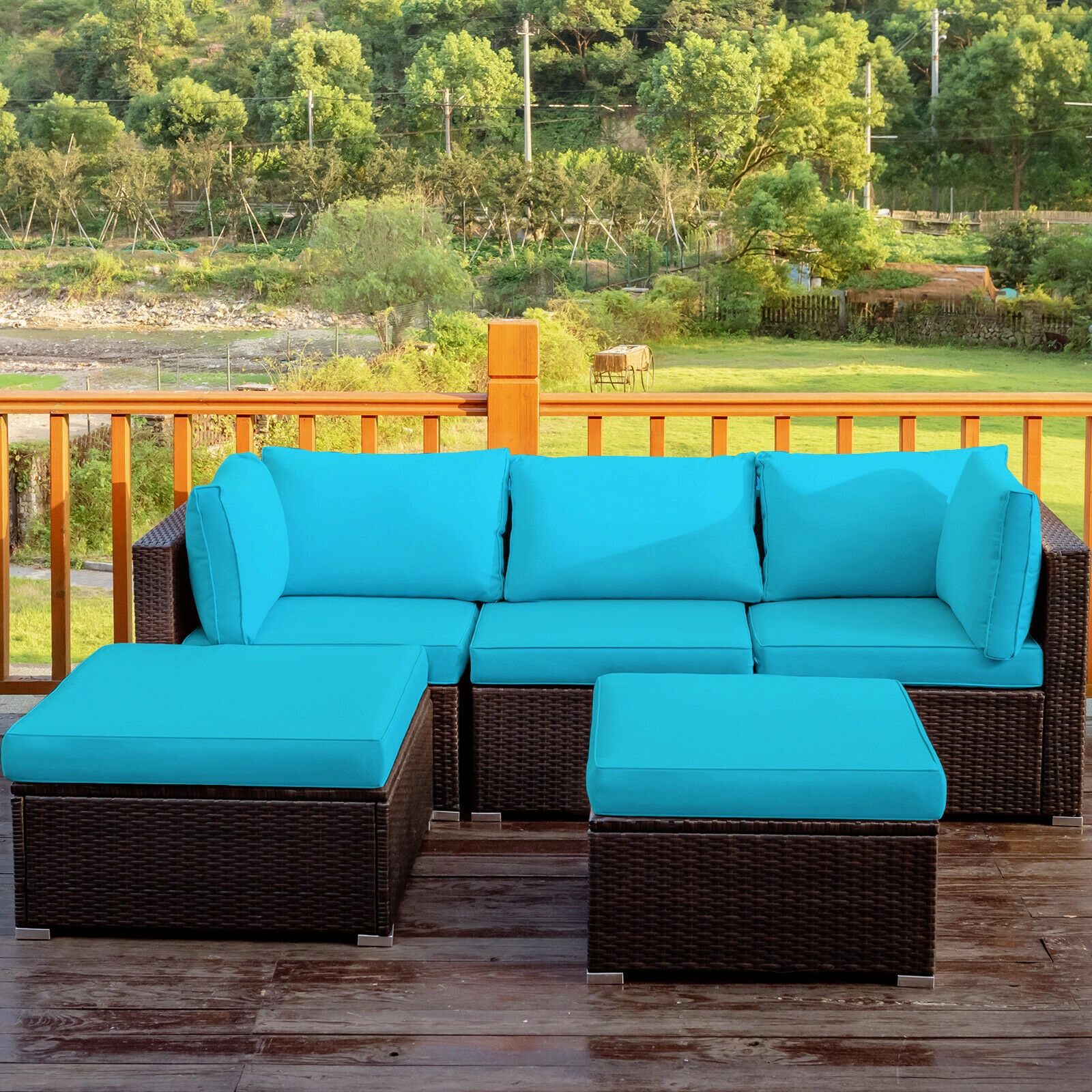 LJG 5 Pieces Patio Rattan Sectional Conversation Ottoman Furniture Set