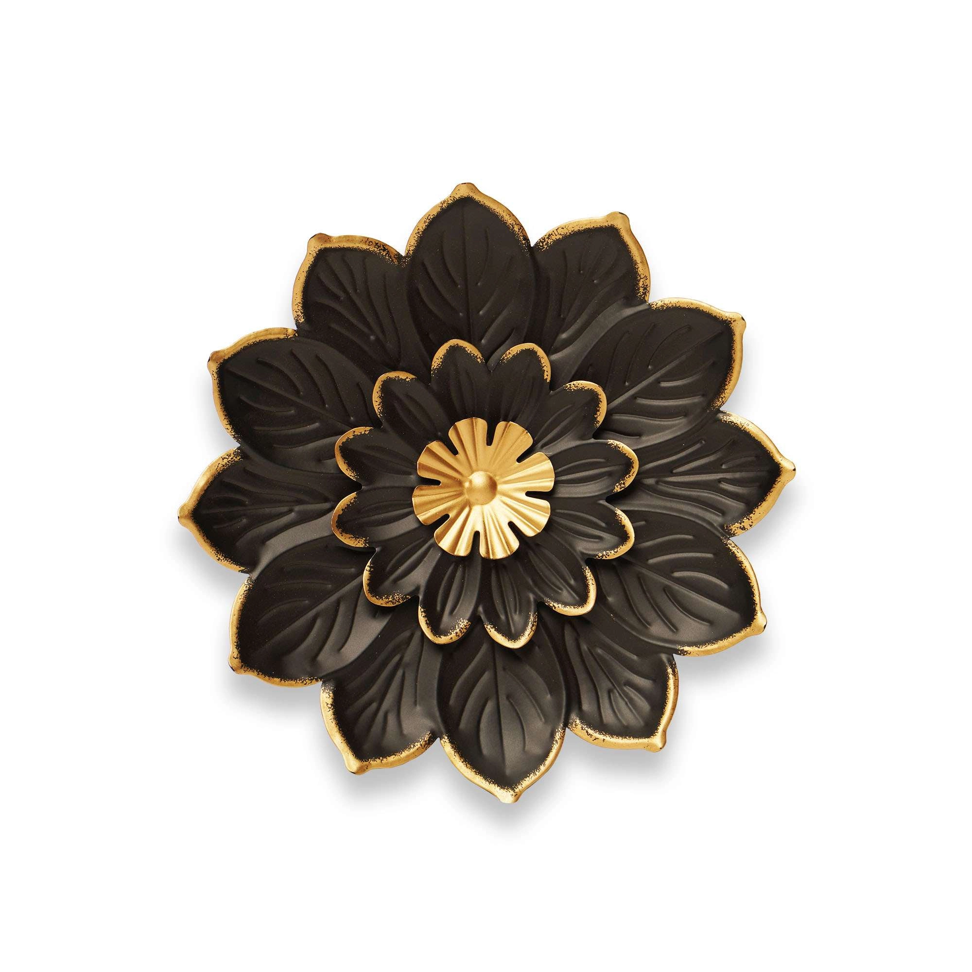 G128 9 in Black and Gold Metal Daisy Wall Art, Compact Floral Wall Hanging for Indoor and Covered Outdoor Spaces
