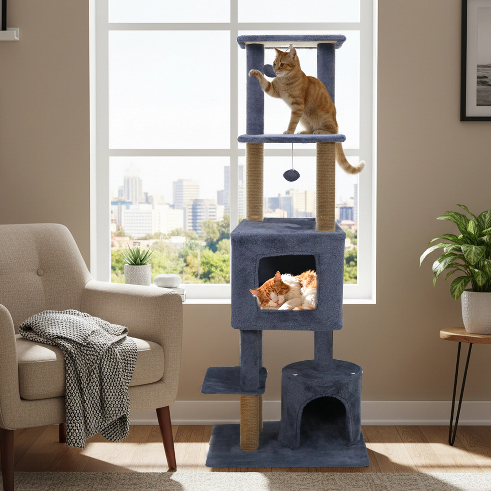 SUGIFT 64-in Dark Grey Cat Tree Tower with 2 Large Condos 5 Climbing Levels and Wall Anchor for Cats