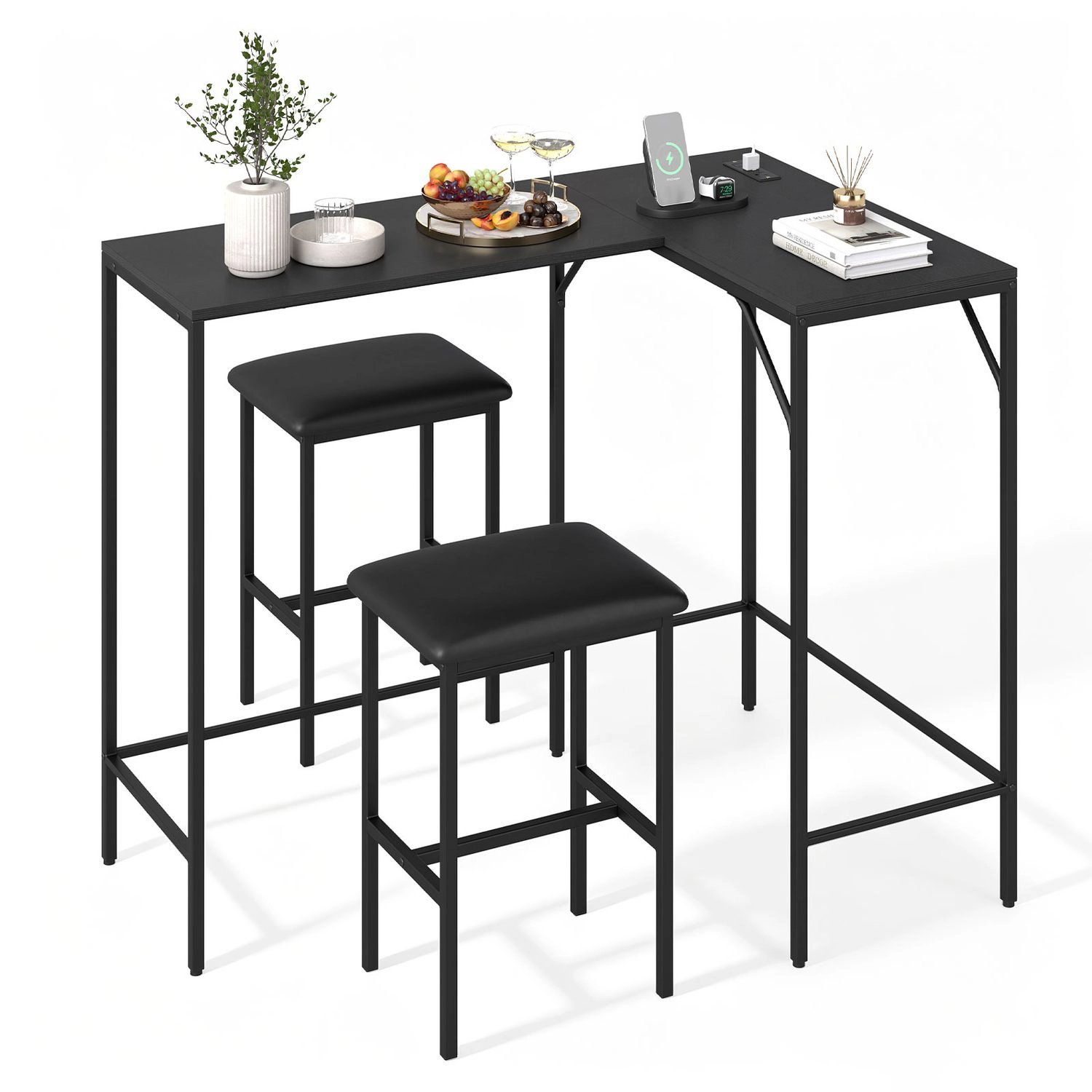 LJG 3-Piece Convertible L-Shaped Kitchen Table Chair Set with 2 AC Outlets USB Port and Type-C