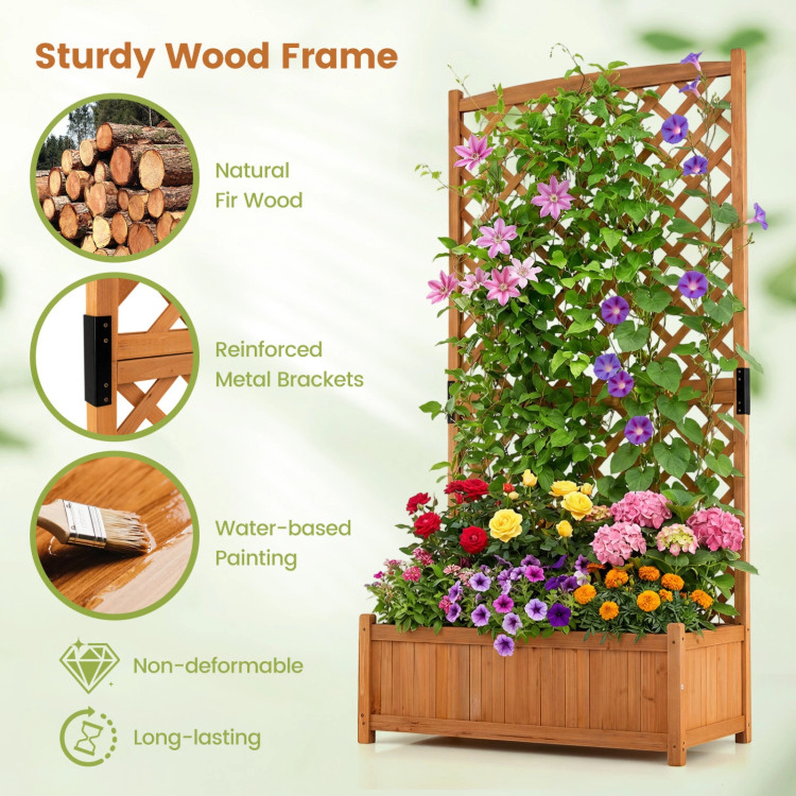 SUGIFT Raised Fir Wood Planter Box with Diamond Lattice Trellis 36 x 18 x 71-in 66-lb Capacity Orange