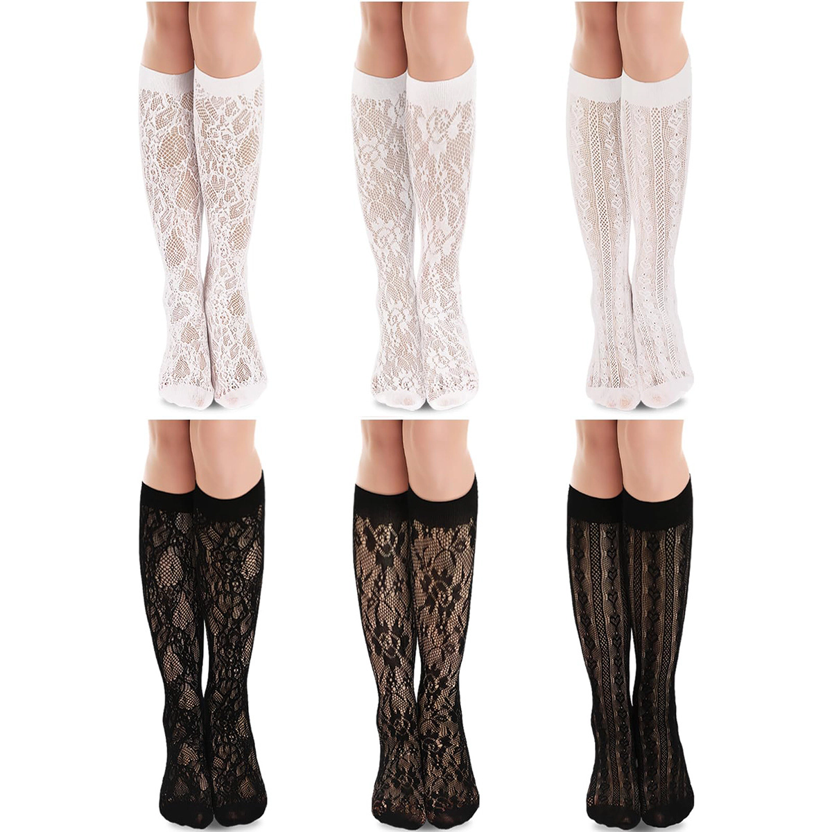 Wardrobe Whimsy 6 Pairs Women's Fishnet Knee High Socks Stylish Lace Hollow Stockings