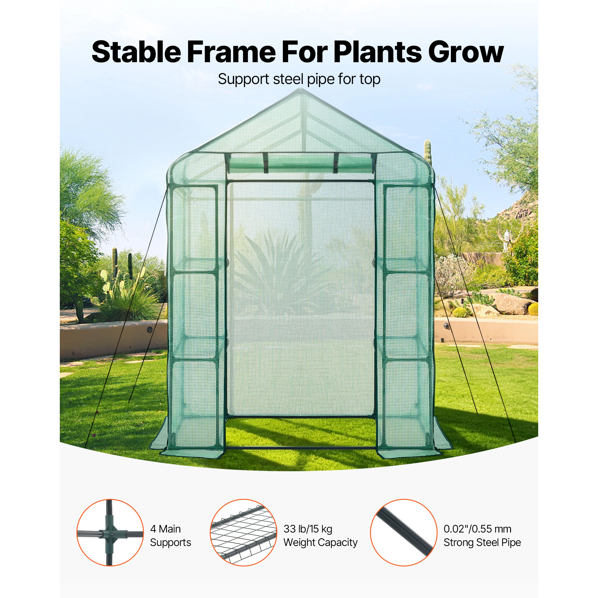 HONGGE Walk-In Greenhouse 55.5 x 28.3 x 78.7 in with 2-Tier 4-Shelf Storage, PE Cover and Roll-Up Zipper Door