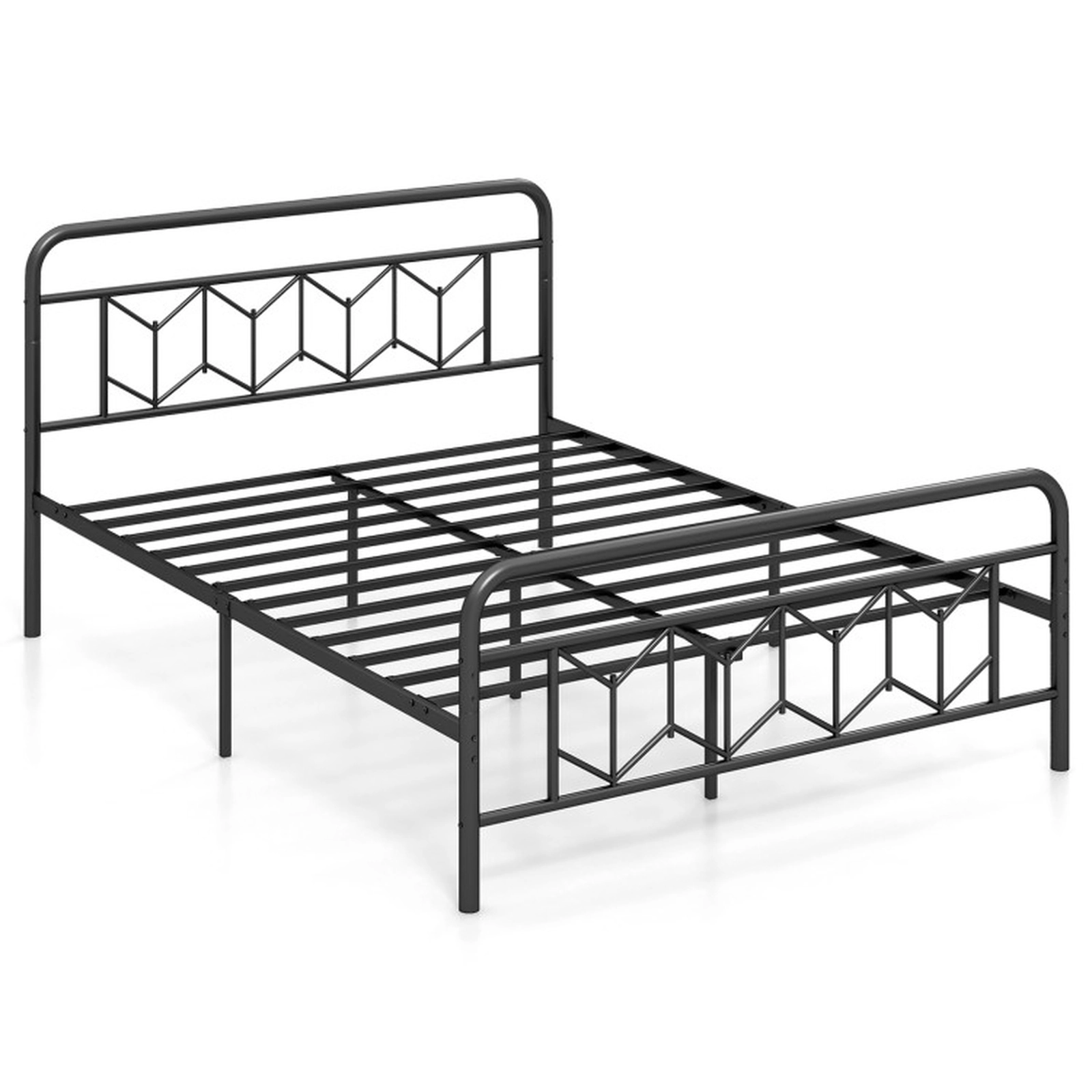 SUGIFT Black High Headboard and Snap Lock Slats Queen Size Metal Platform Bed