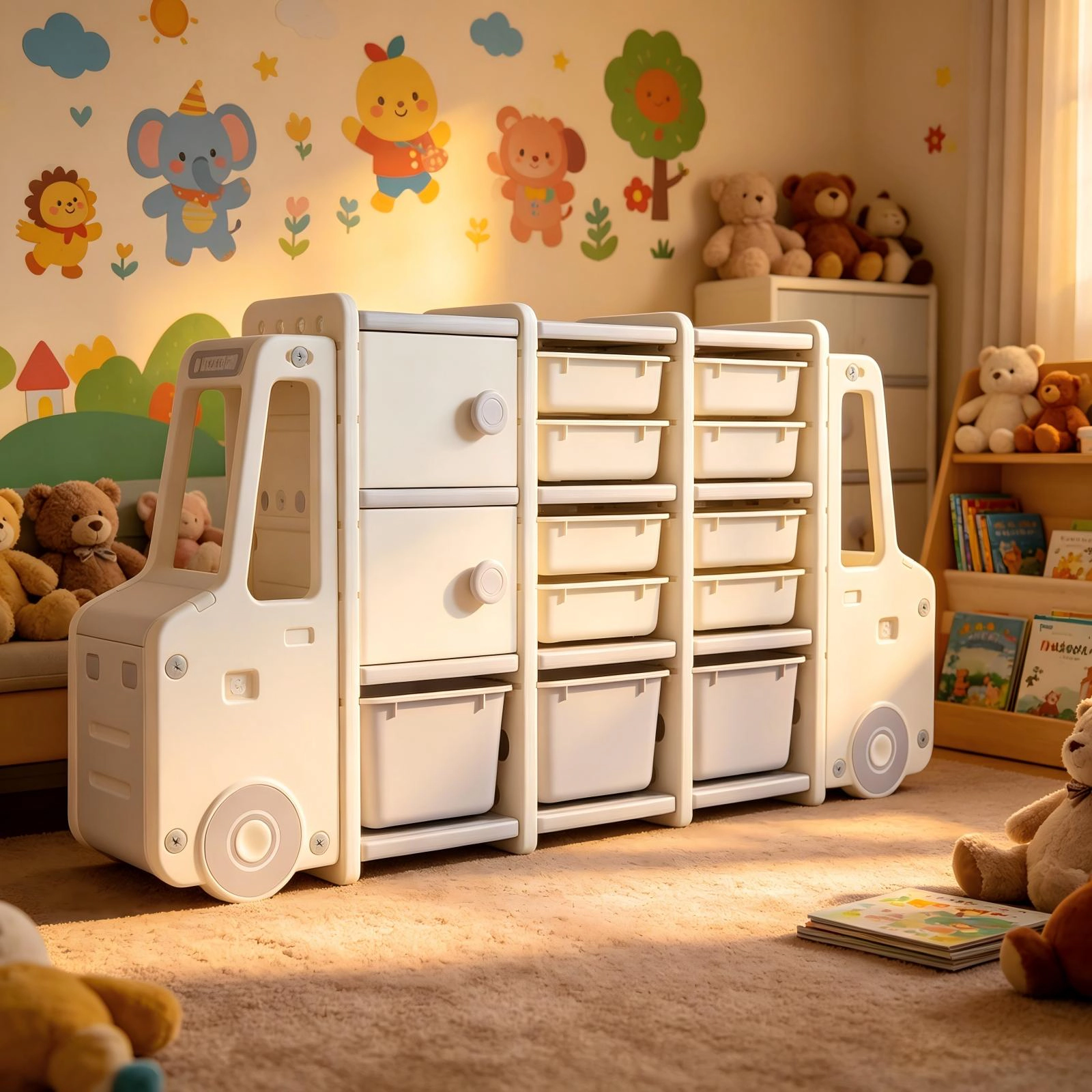 SUGIFT Truck-Shaped Kids Toy Storage Organizer with Toy Chest 55-lb Capacity Ages 3+ Off-White and Gray