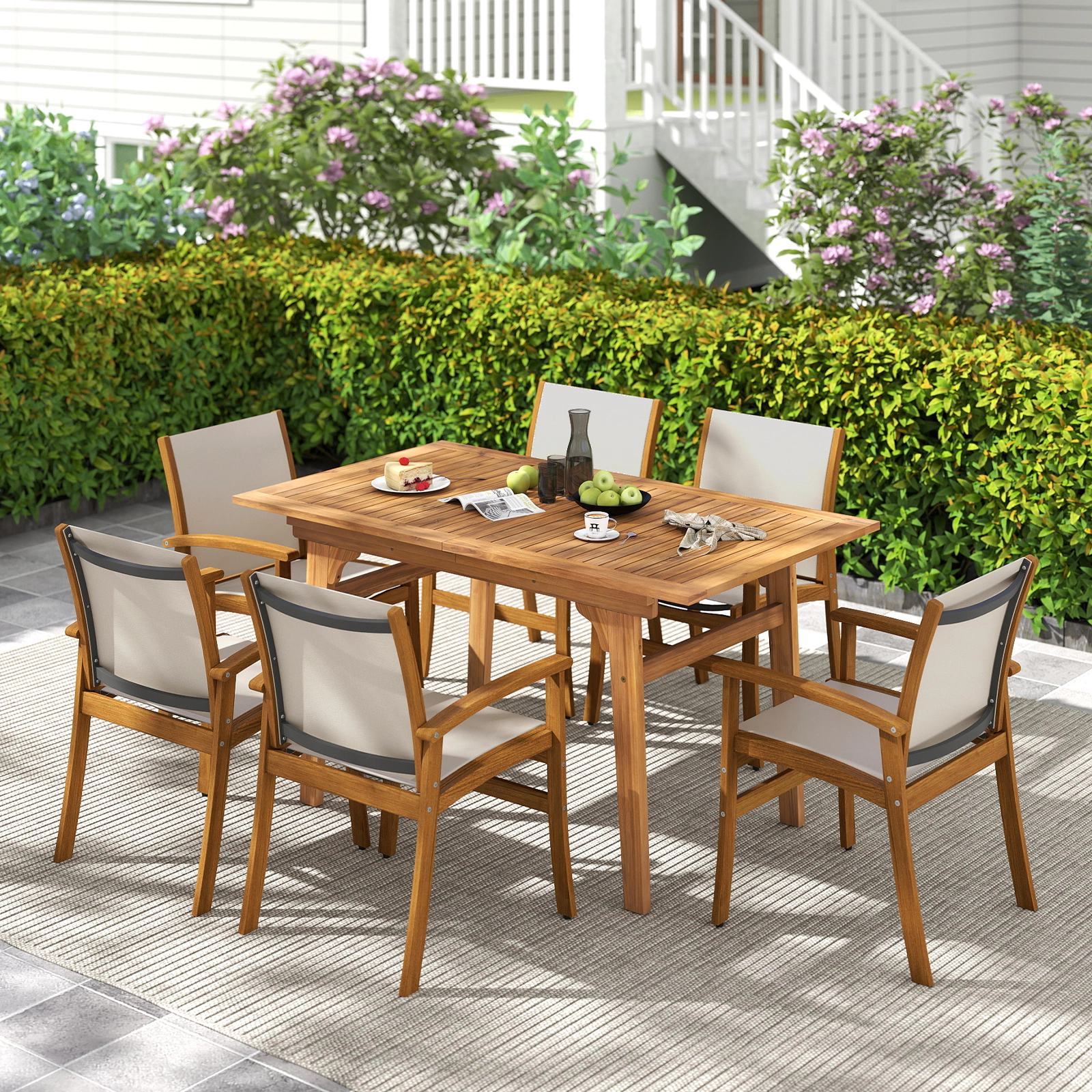 SUGIFT Set of 2 Acacia Wood Patio Dining Armchairs with Breathable Fabric Seat 400-lb Capacity Natural and Gray or Beige