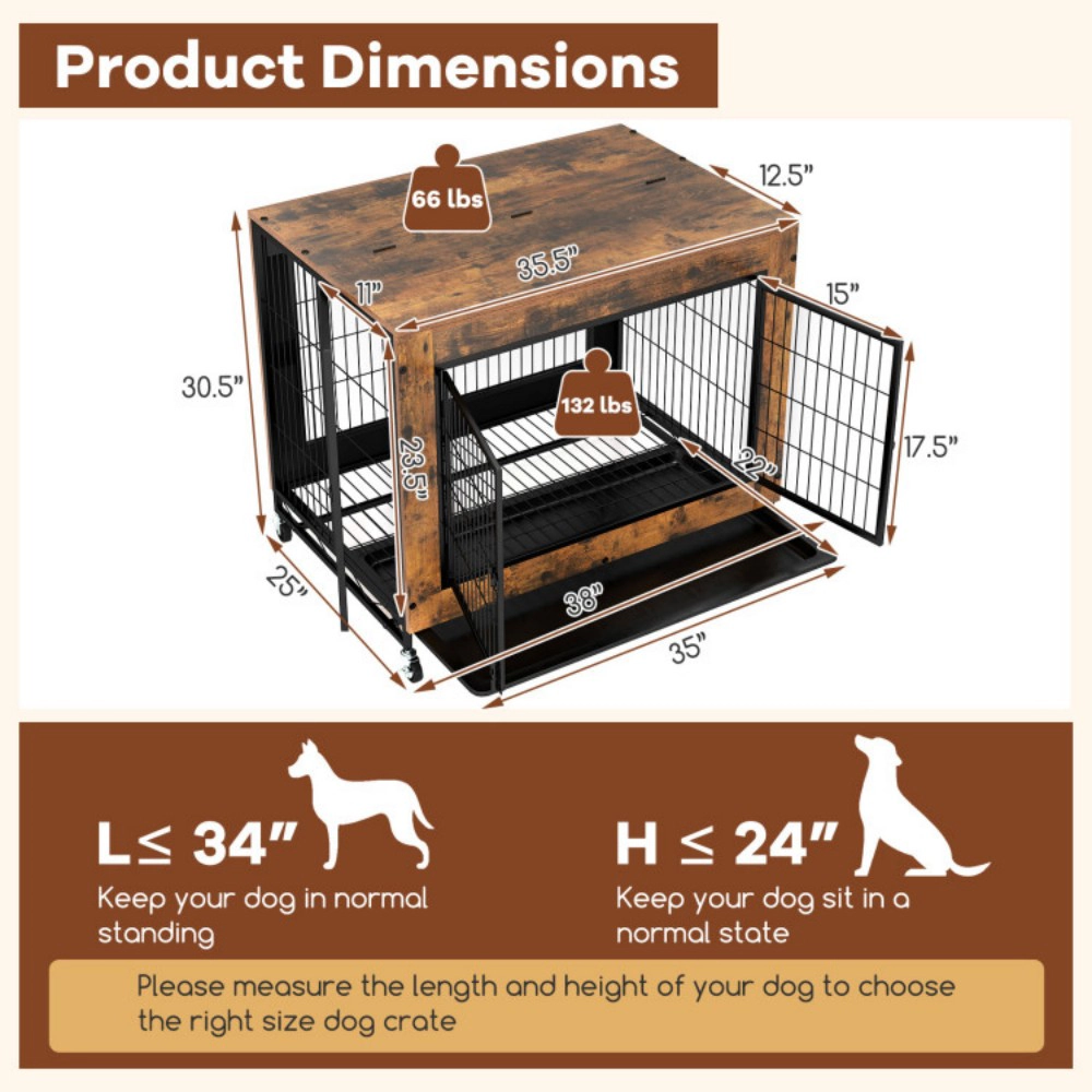 SUGIFT Industrial Dog Kennel Pet Crate Flip-Up Top 3 Lockable Doors Tray 132-lb Capacity 66-lb Top Rustic Brown