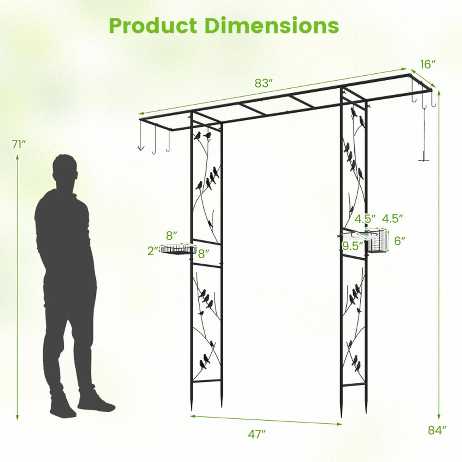 SUGIFT 84-in Garden Arbor Bird Feeding Station Trellis with 7 Hooks Water Bowl Mesh Tray and Suet Feeder Black
