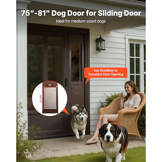 HONGGE Aluminum Frame Sliding Glass Dog Door for Large Pets, Adjustable Height 75 7/8-80 11/16 in with Lock, Brown