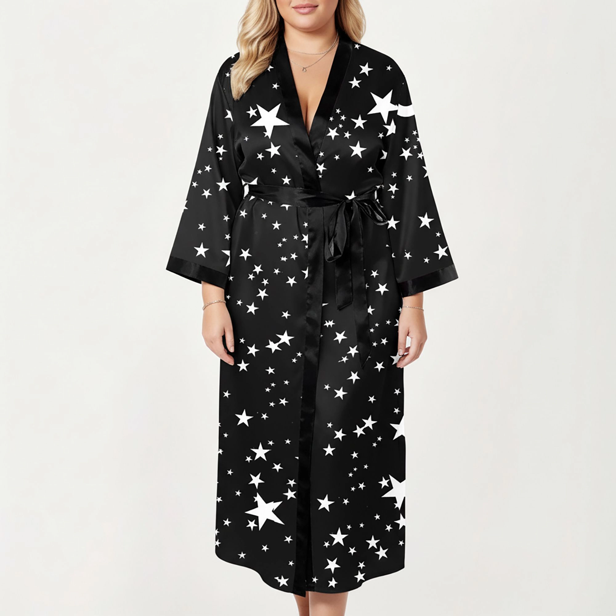 Anna-Kaci Women's Plus Star Print Long Robe with Soft Satin Feel Open Front Design and Adjustable Waist Tie