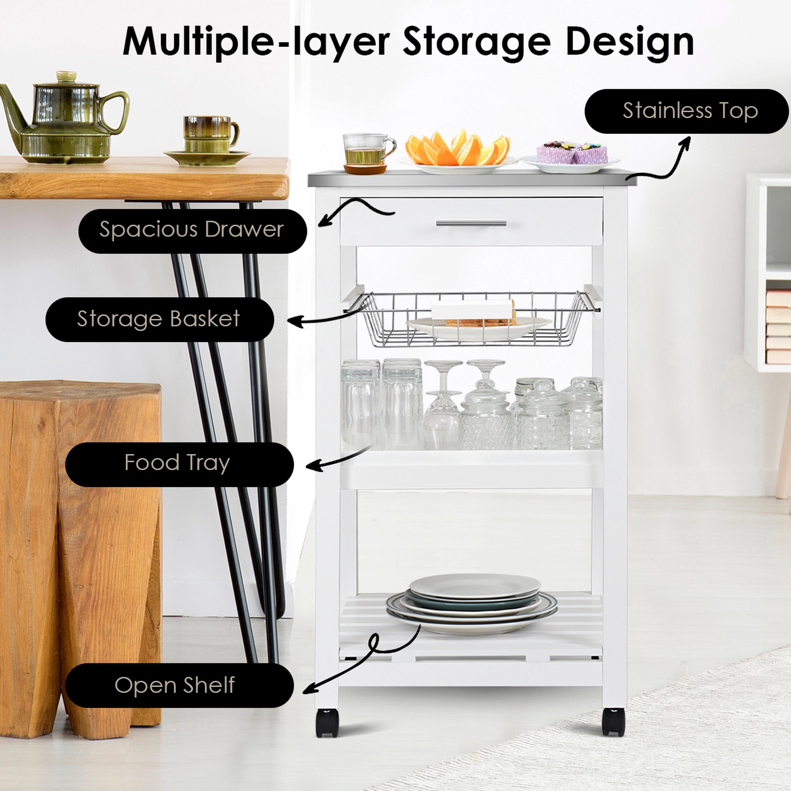 SUGIFT White Kitchen Cart on Wheels with Stainless Steel Top Rolling Serving Trolley Drawer and Basket