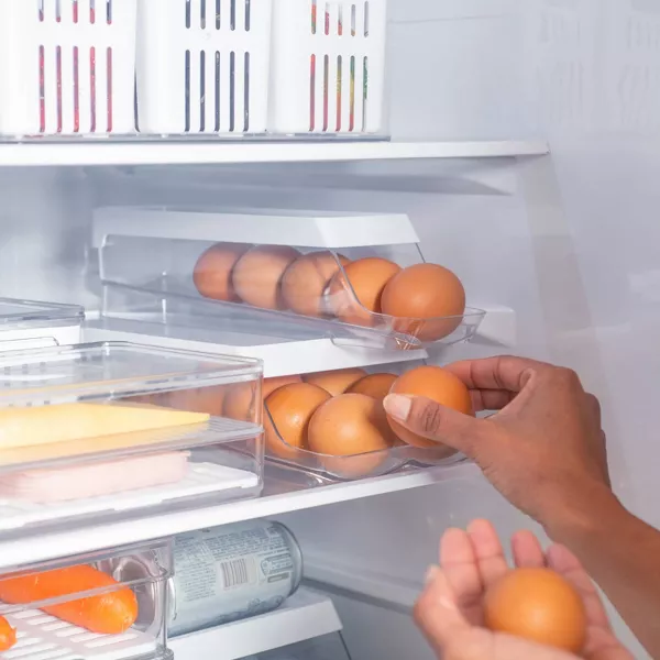 OU Egg Holder for Fridge, Rolling Egg Organizer, Clear Stackable Refrigerator Storage Container, BPA Free, 2 Piece Set