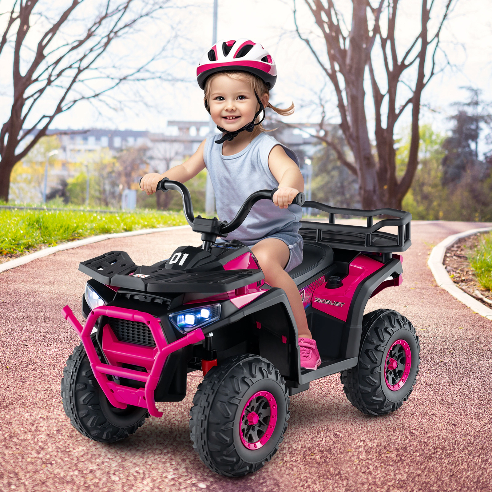 24V Kids Ride on ATV Quad 4-Wheeler Dual 25W Motors Shock Absorption LED Lights FM Radio Ages 3+ 66-lb Capacity