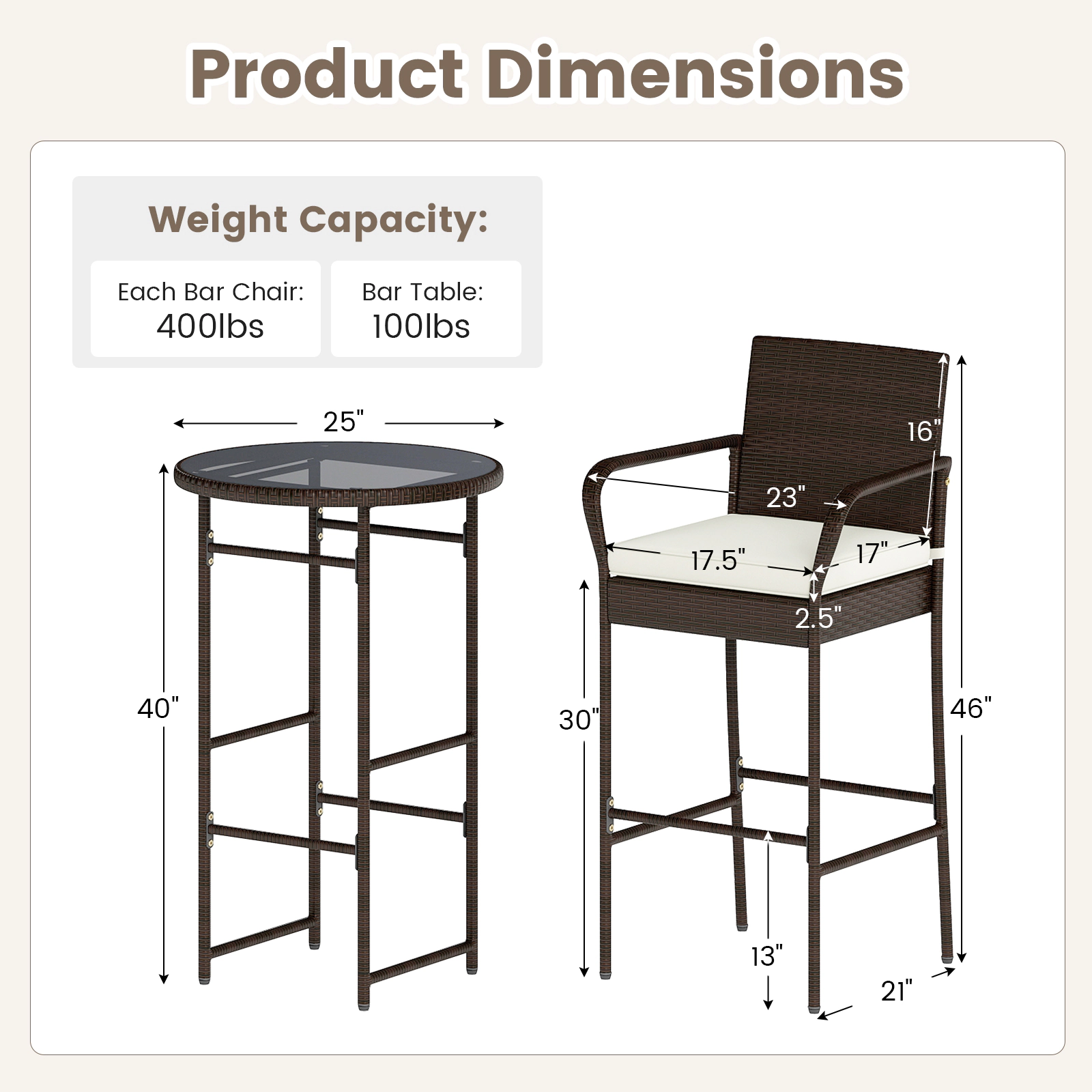 SUGIFT 3-Piece Outdoor Bar Set with Bar Table & 2 Cushioned Bar Chairs 400-lb Chair Capacity Mix Brown Rattan Off White