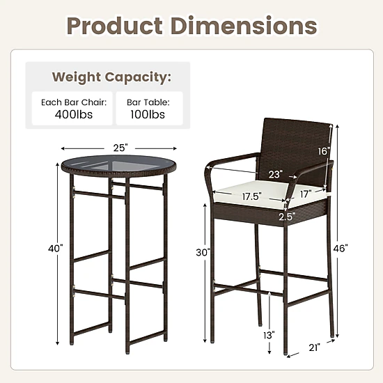 SUGIFT 3-Piece Outdoor Bar Set with Bar Table & 2 Cushioned Bar Chairs 400-lb Chair Capacity Mix Brown Rattan Off White