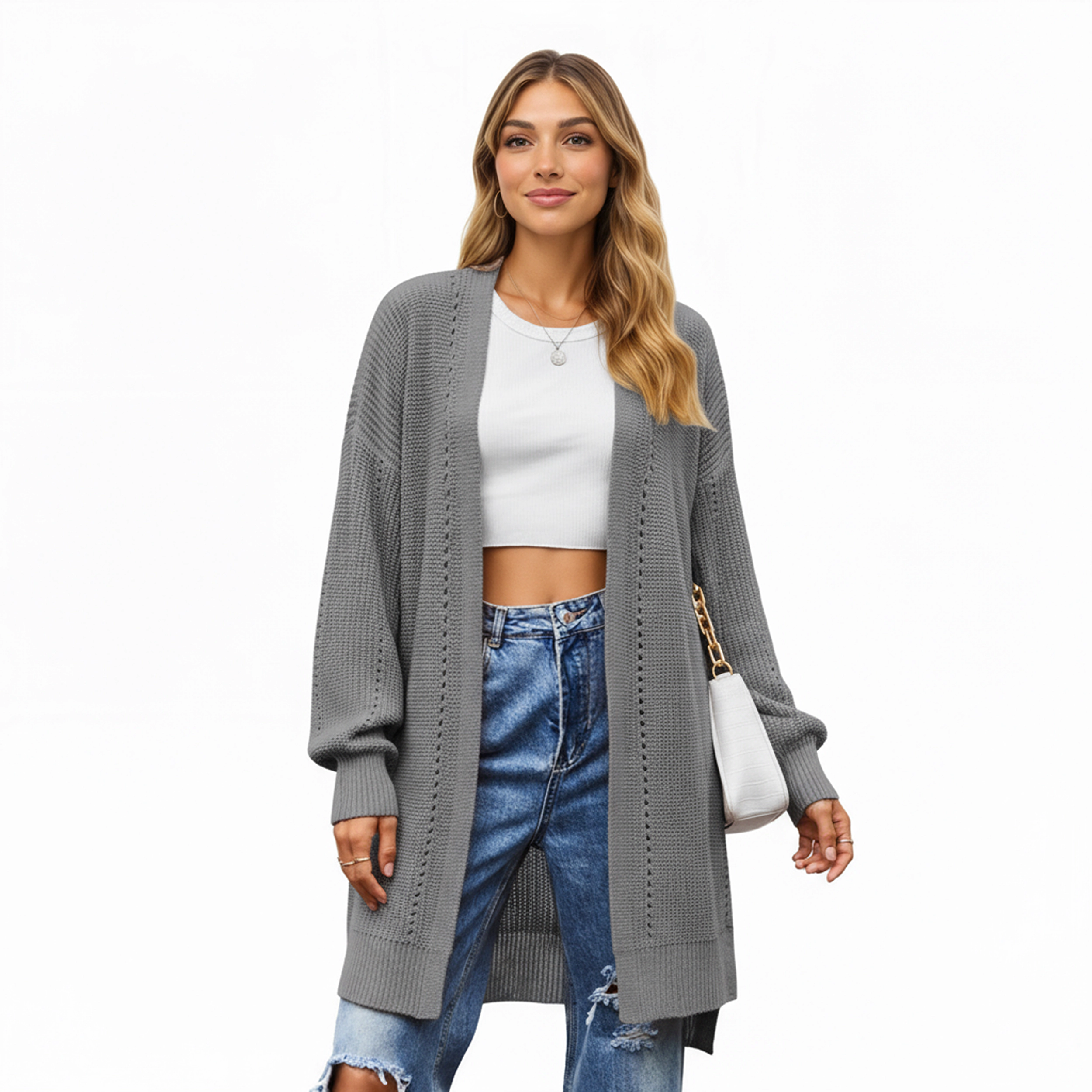 Anna-Kaci Women's Open Front Knit Cardigan with Relaxed Fit and Textured Detailing