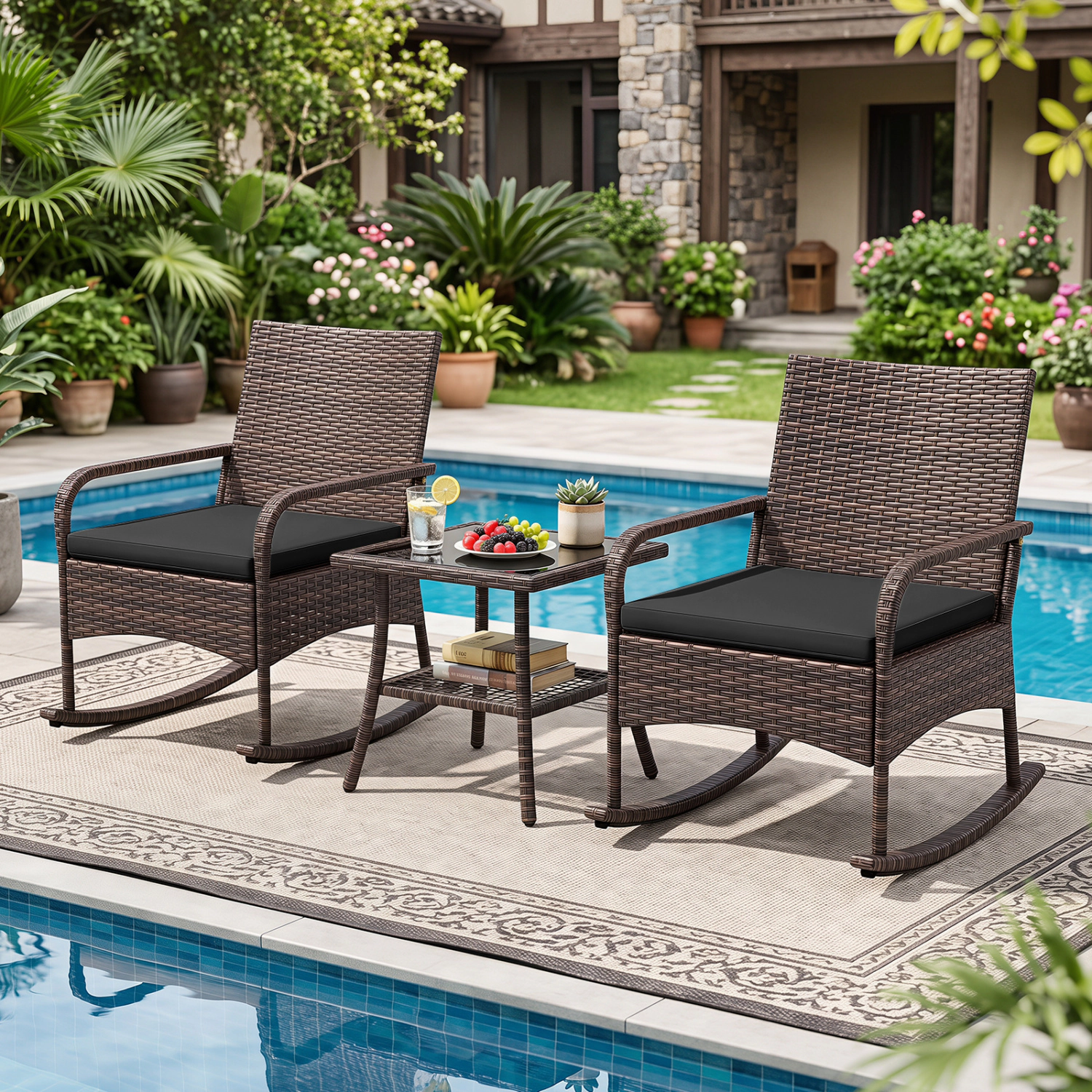 LJG 3 Pieces PE Wicker Rocking Bistro Set with 2-Tier Side Table Cushions and Ergonomic Armchairs for Porch