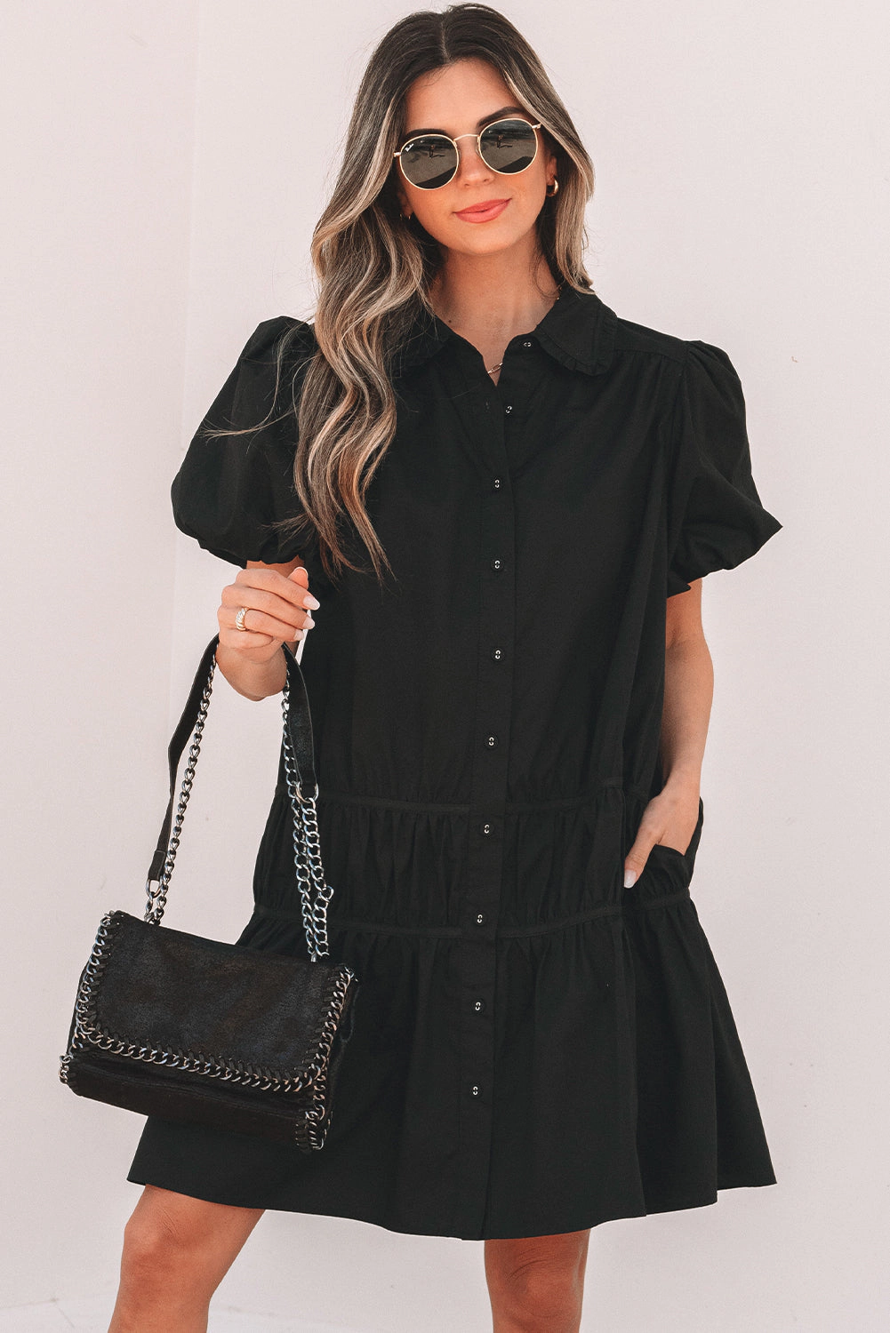 Threaded Pear Women's Cassidy Button Down Puff Sleeve Ruffle Hem Dress