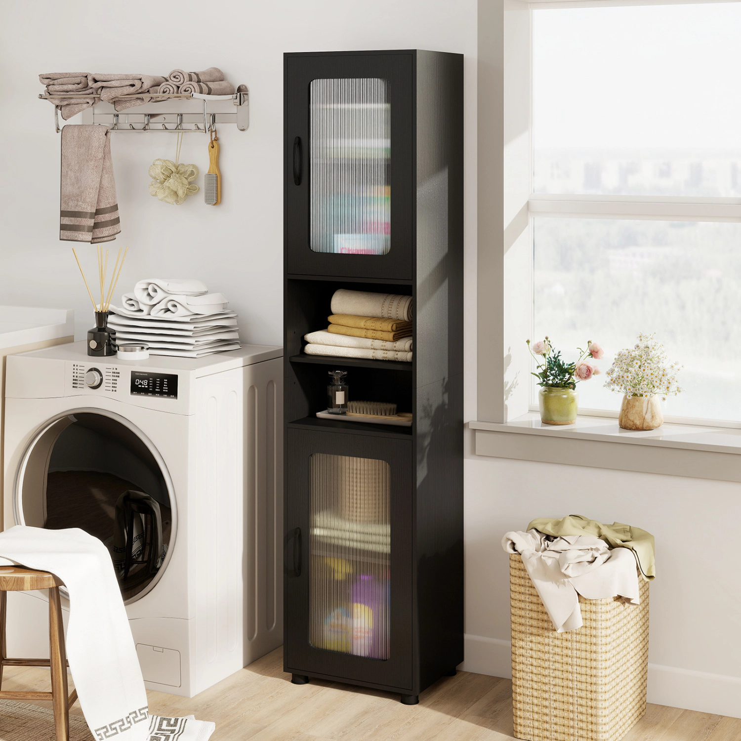 SlickBlue Bathroom Storage Cabinet with Open Shelves and Doors