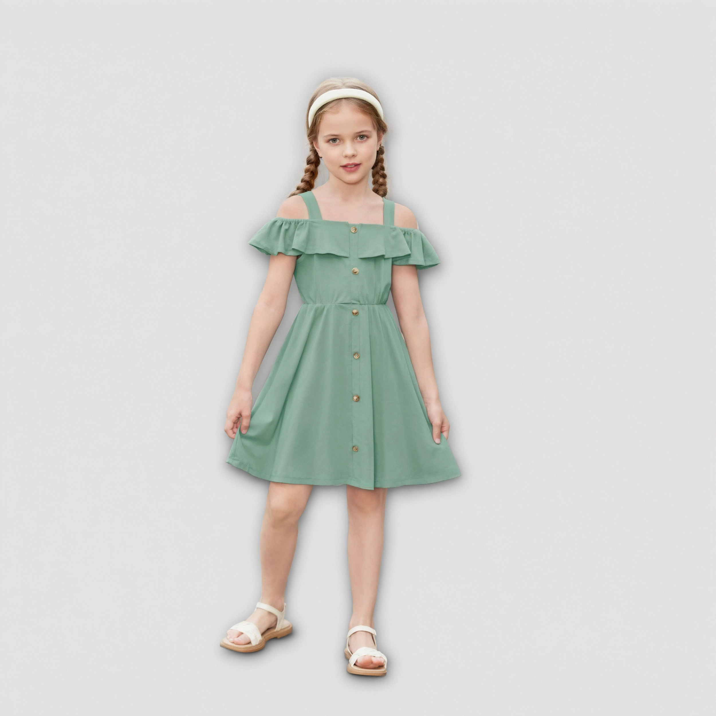 Arshiner Girls Dresses Summer Spaghetti Strap Cold Shoulder Ruffle Button Down A Line