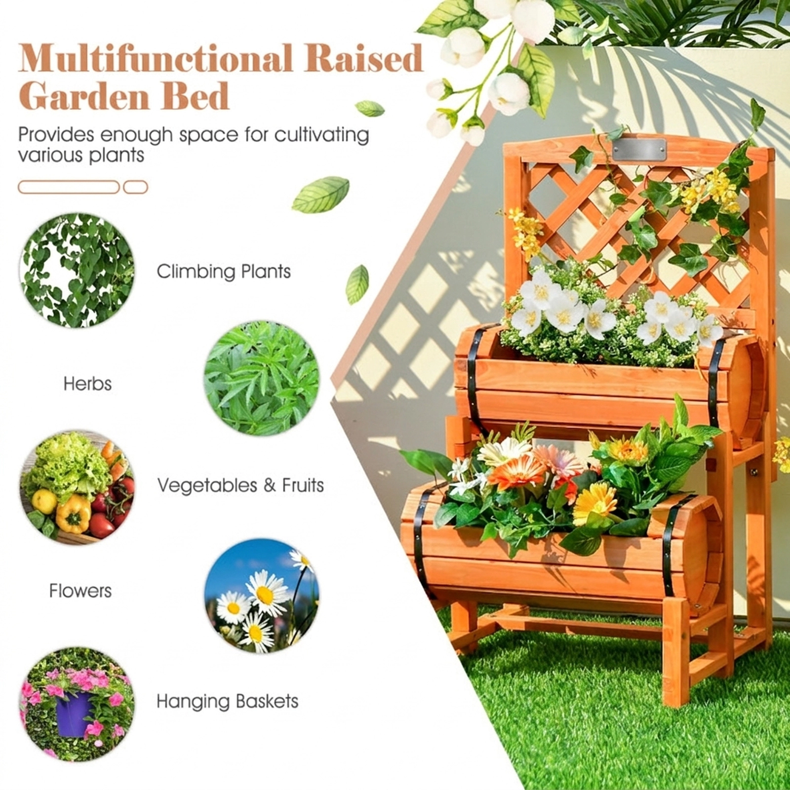 SUGIFT 2-Tier Raised Garden Bed with Cylindrical Planter Boxes and Trellis 22-lb Capacity Each Planter Box Orange