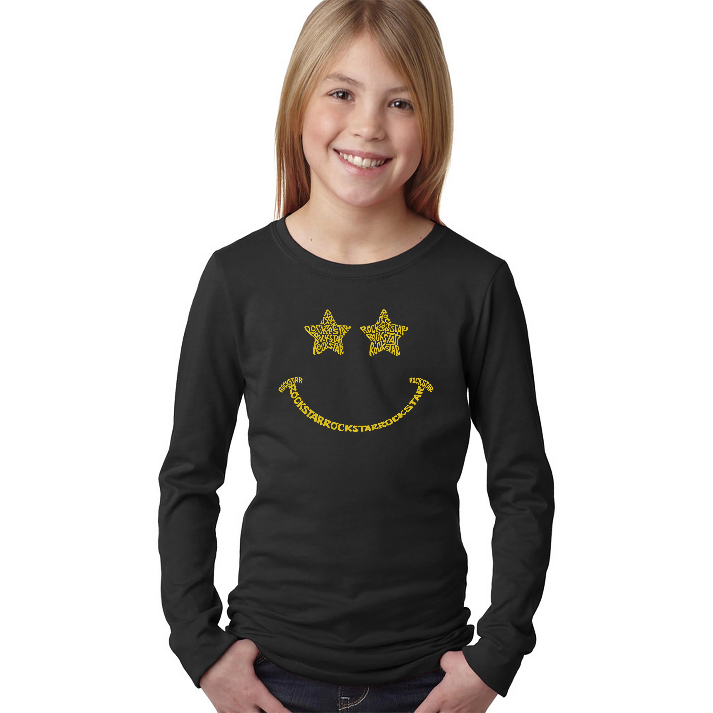 LA Pop Art Girls Long Sleeve Word T-Shirt - Rockstar Smiley