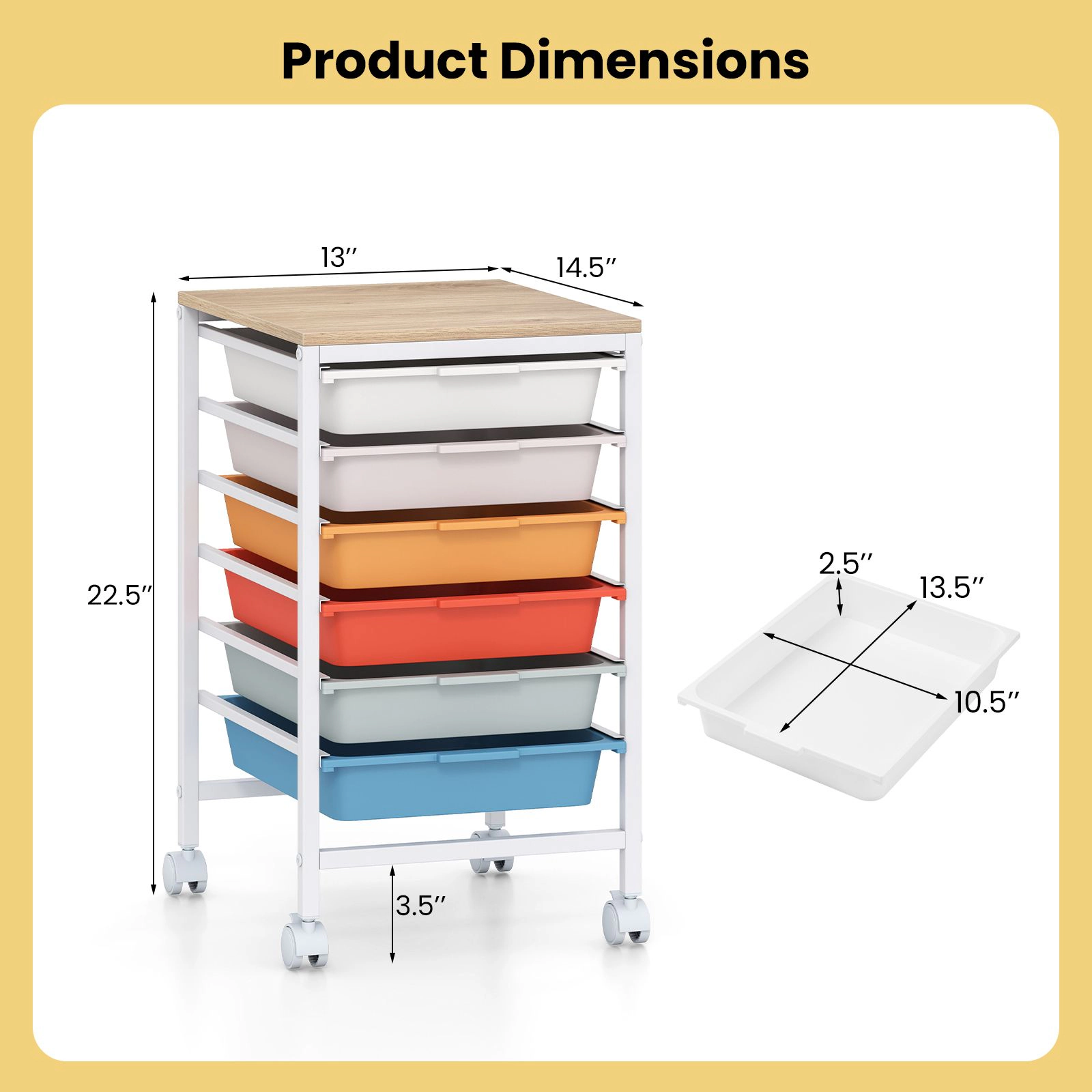 SlickBlue 6 Drawer Rolling Storage Cart with Wooden Top Organizer