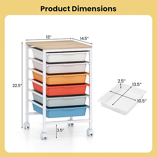 SlickBlue 6 Drawer Rolling Storage Cart with Wooden Top Organizer