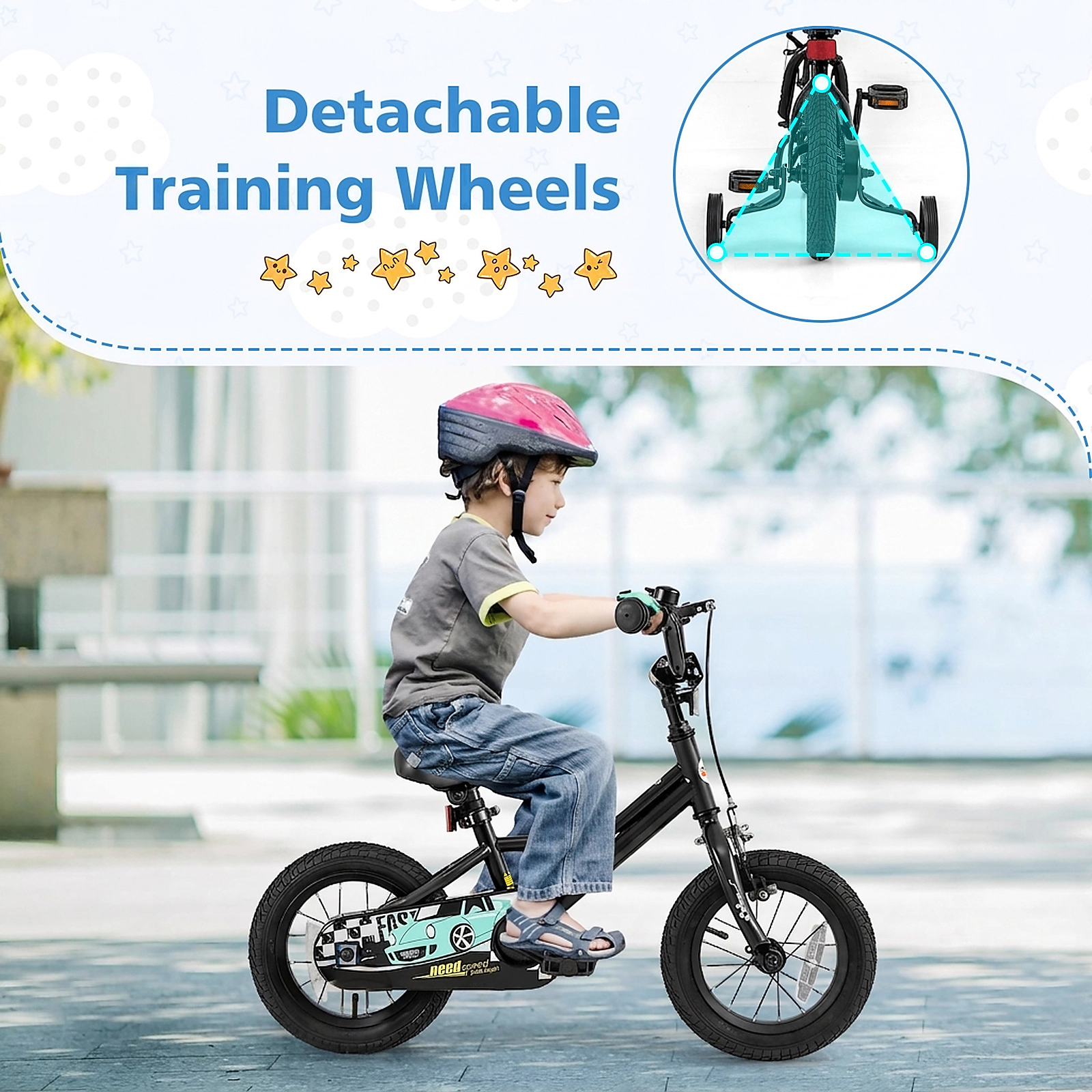 12-in Kids Bike Low-Step Frame Removable Training Wheels Ages 3-4 Black Bicycle Hand Brake Bell 100-lb Seat Capacity