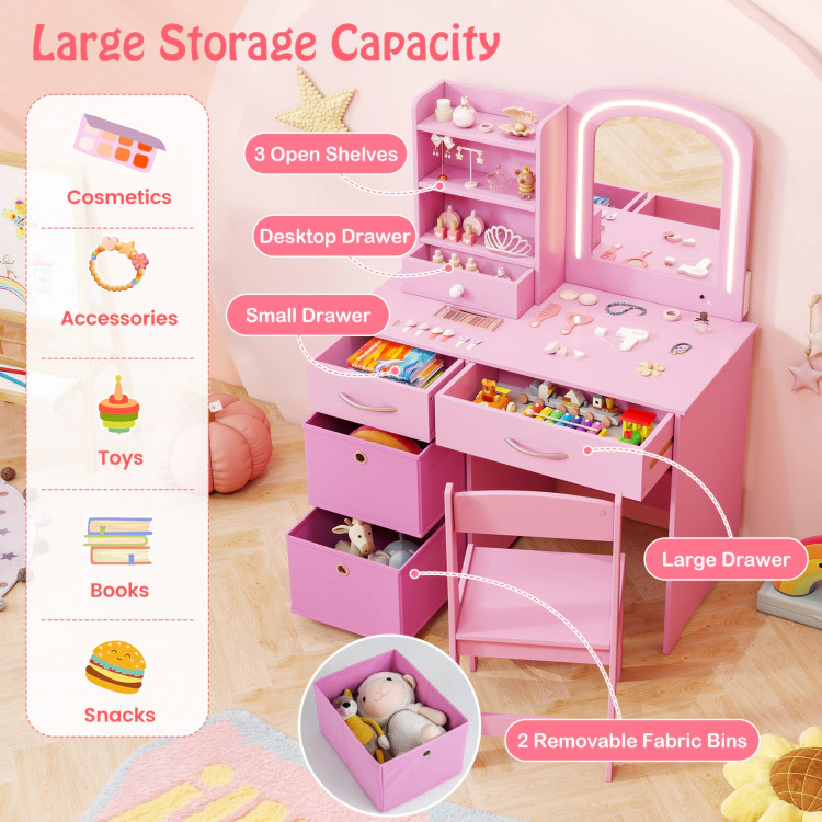 Hivvago Kids Vanity Set With Lighted Mirror Makeup Desk And Chair Drawers