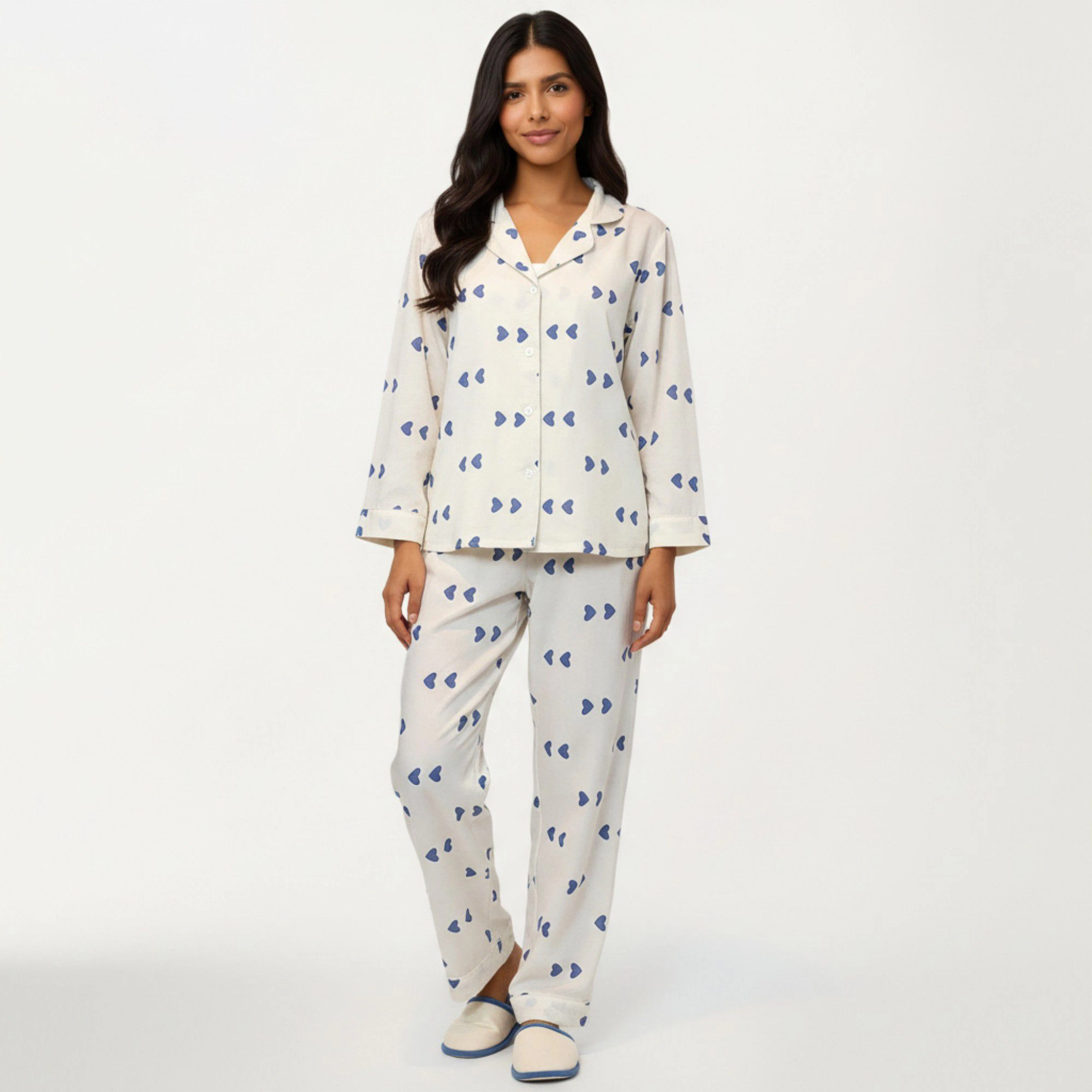 Anna-Kaci Women's 2-Piece Valentine Heart Print Button Front Pajama Top Relaxed Long Sleeves and Elastic Waist Pants