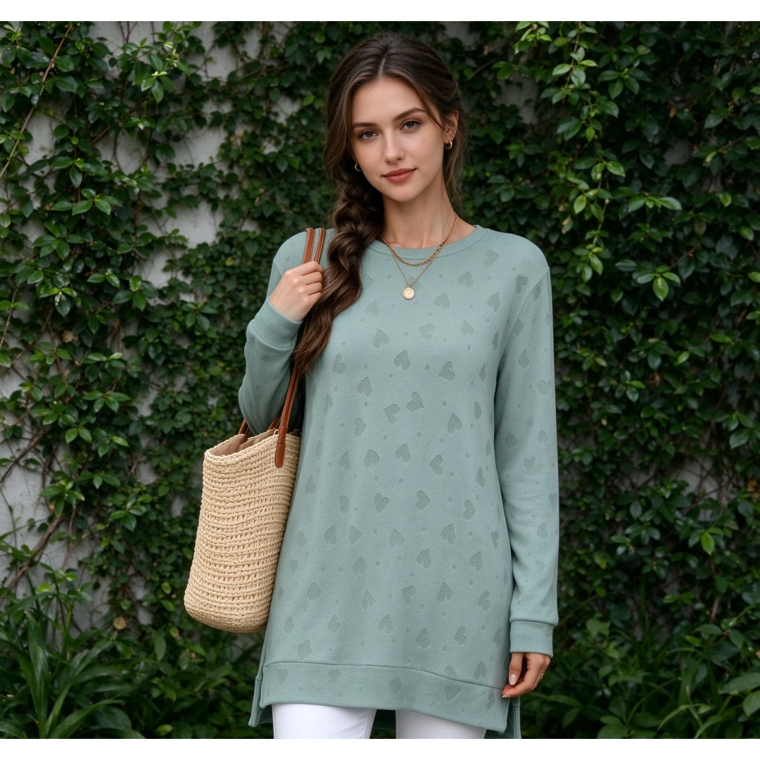 Coolmee Women's Round Neck Loose Long Sleeve Slit T-Shirt Top All Season