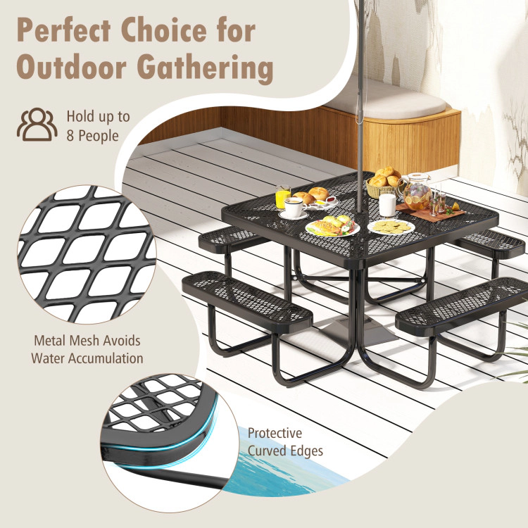 Hivvago Square Picnic Table And Bench For 8 Person With Seats And Umbrella Hole-Black