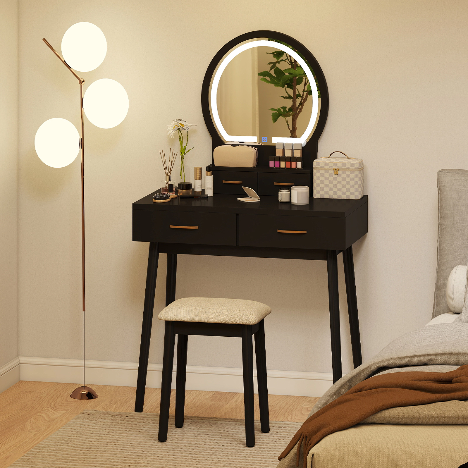 SUGIFT Small Vanity Makeup Dressing Table Set Cushioned Stool & LED Lighted Mirror 44-lb Tabletop 220-lb Stool Capacity