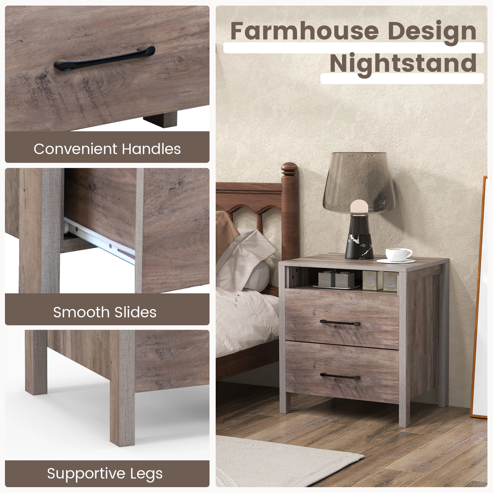 Glintex Farmhouse Nightstand with 2 Drawers and 17.5-Inch Open Storage Shelf, Gray